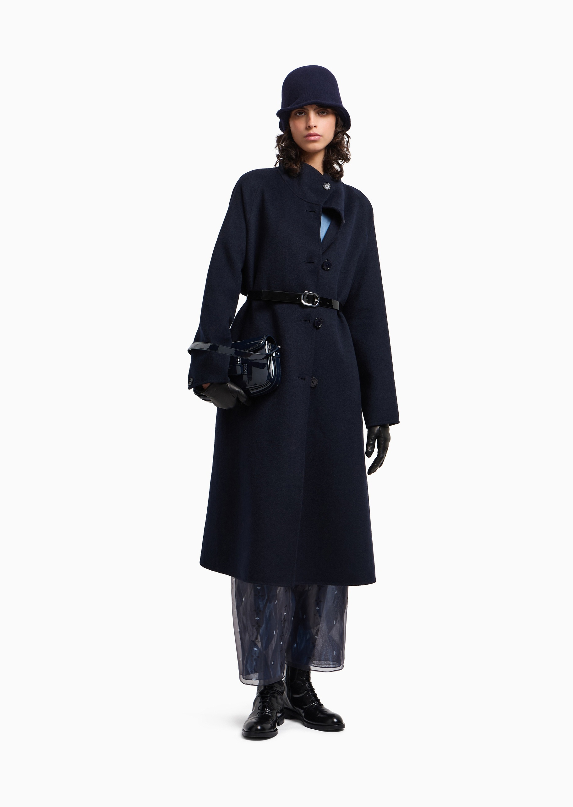 Emporio Armani 女士绵羊毛长袖立领配腰带秀场同款大衣