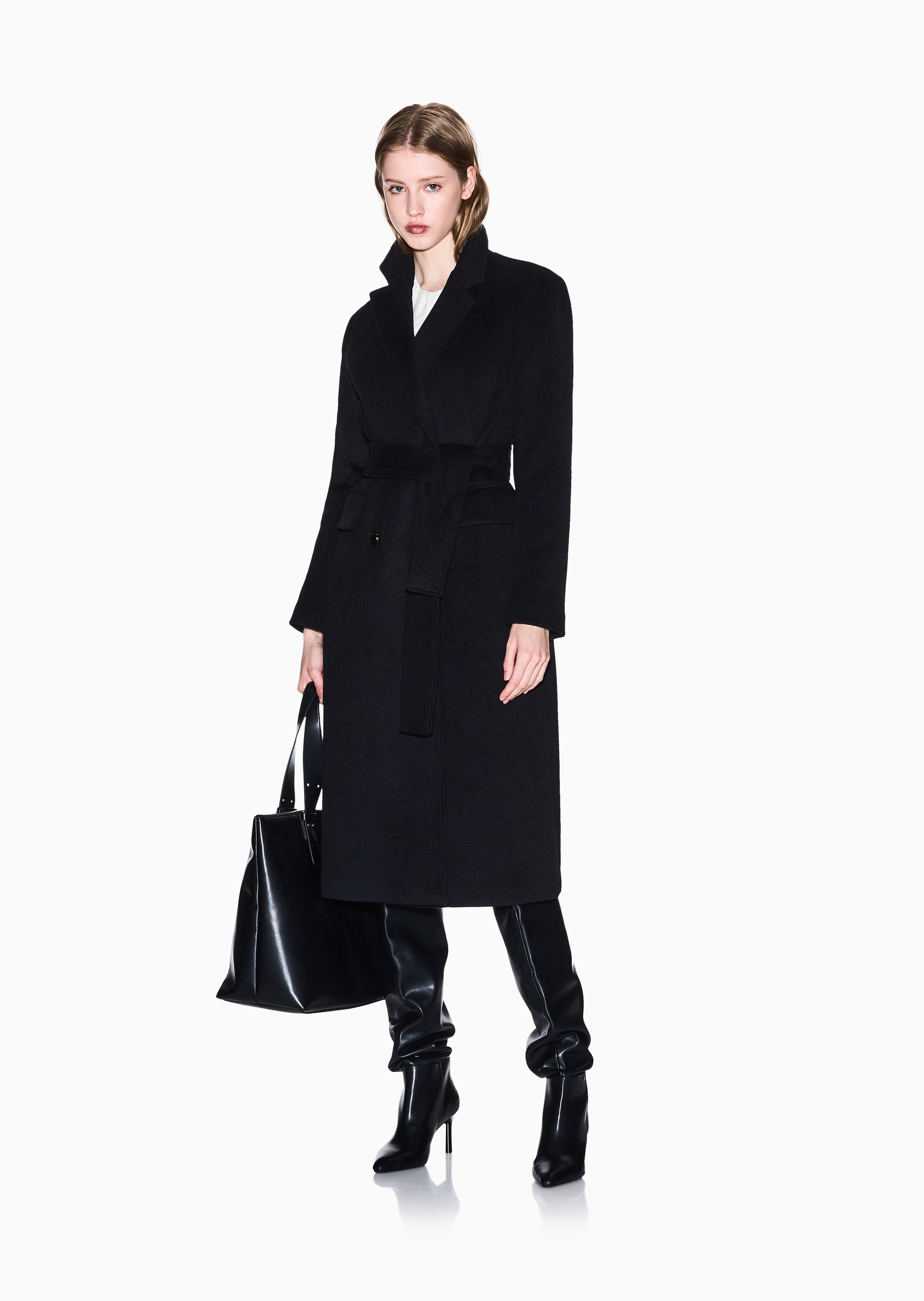 ARMANI EXCHANGE 女士绵羊毛长袖长款戗驳领配腰带大衣
