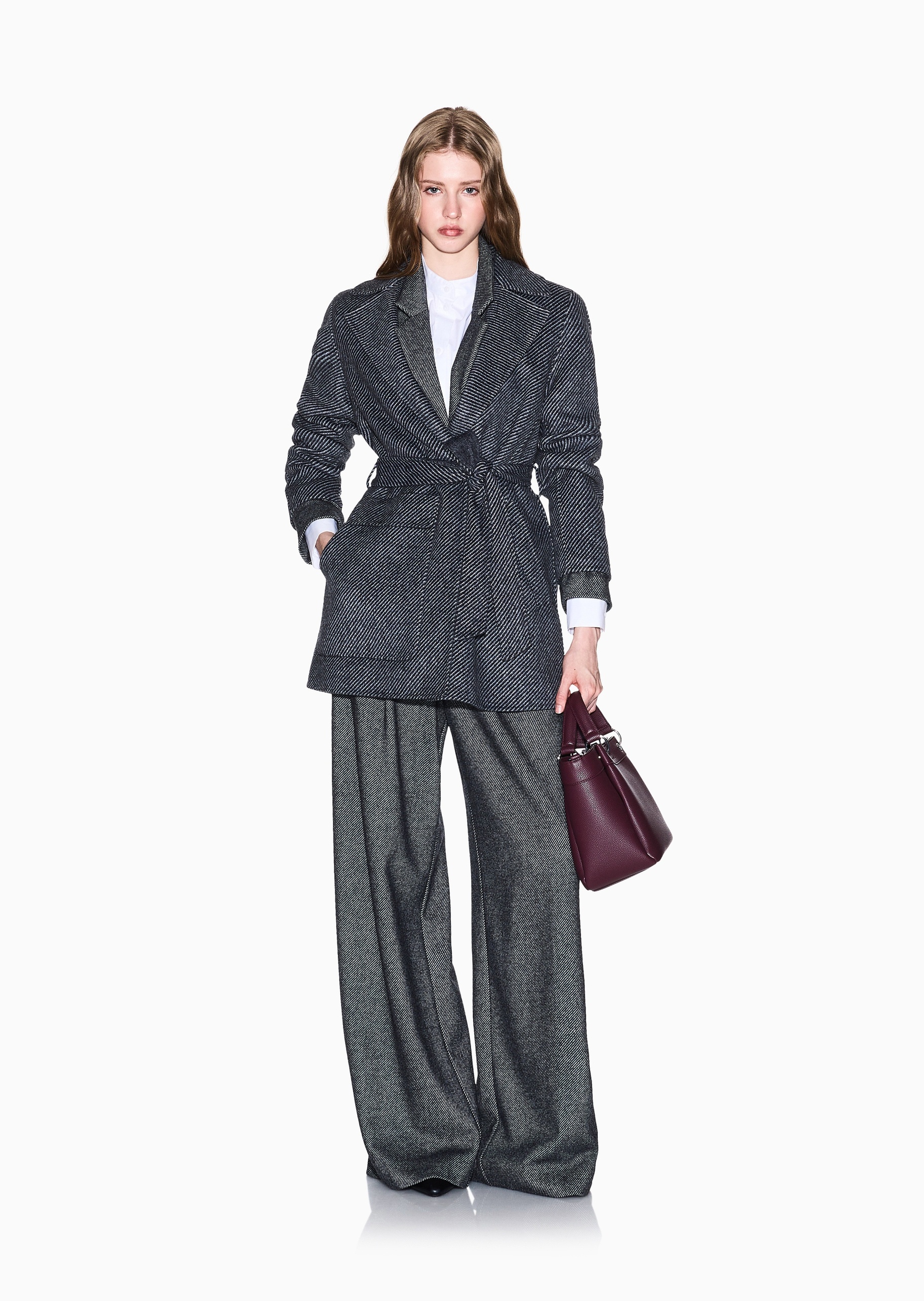 ARMANI EXCHANGE 女士绵羊毛长袖平驳领配腰带短大衣