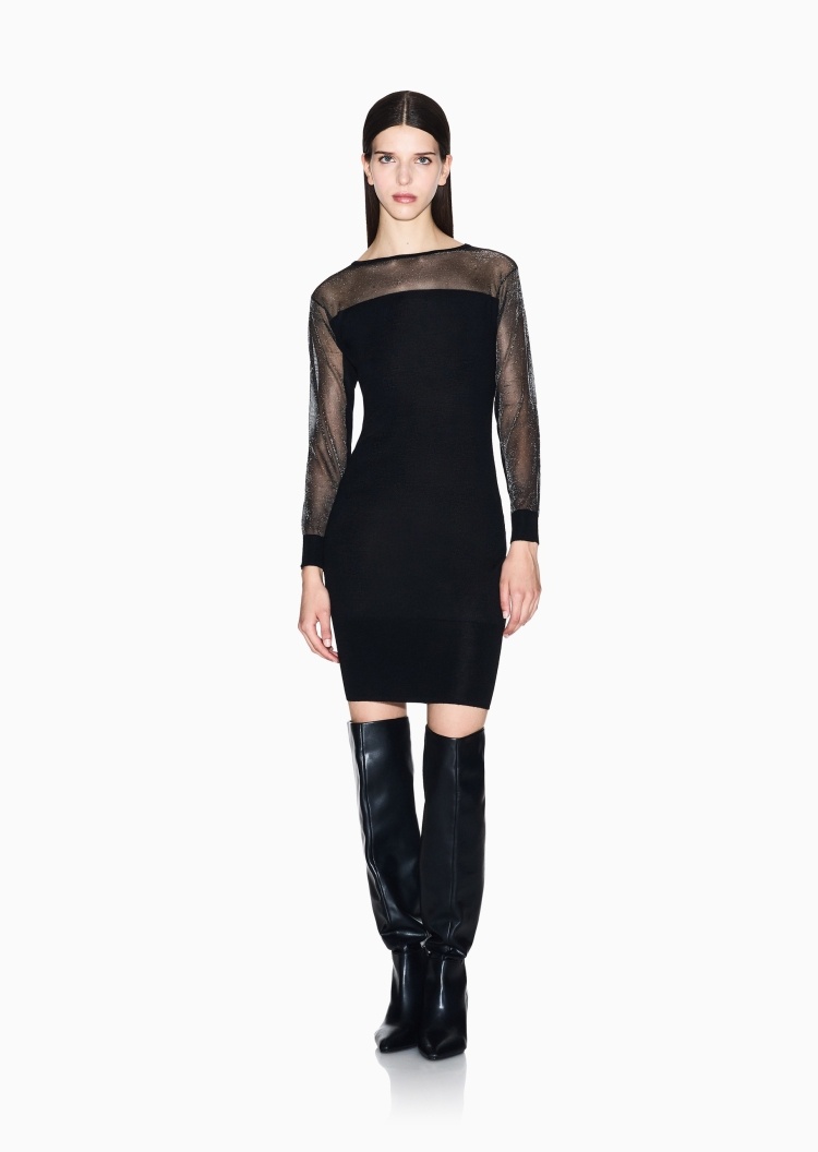 ARMANI EXCHANGE 女士短款圆领网纱拼接时尚连衣裙