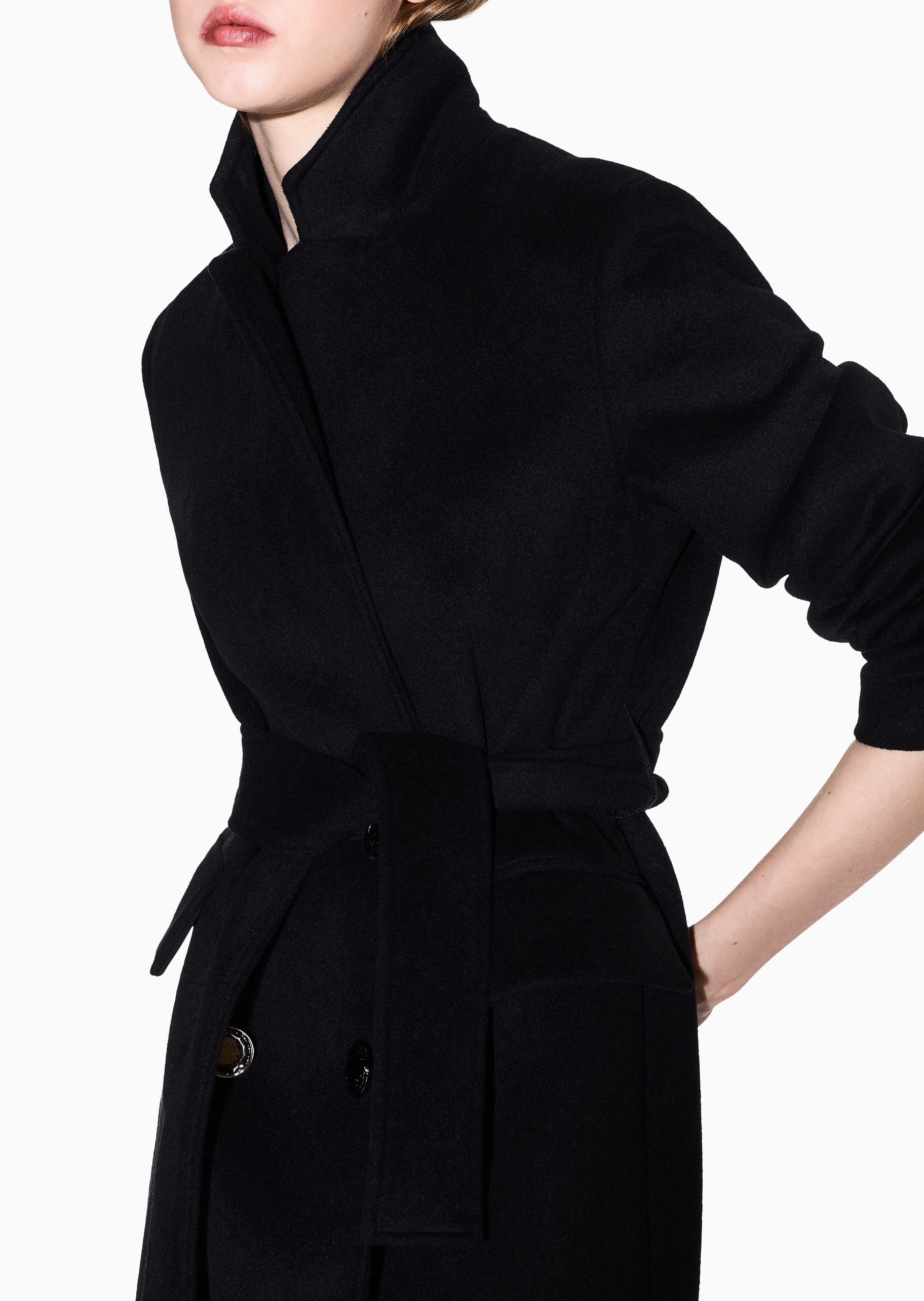 ARMANI EXCHANGE 女士绵羊毛长袖长款戗驳领配腰带大衣