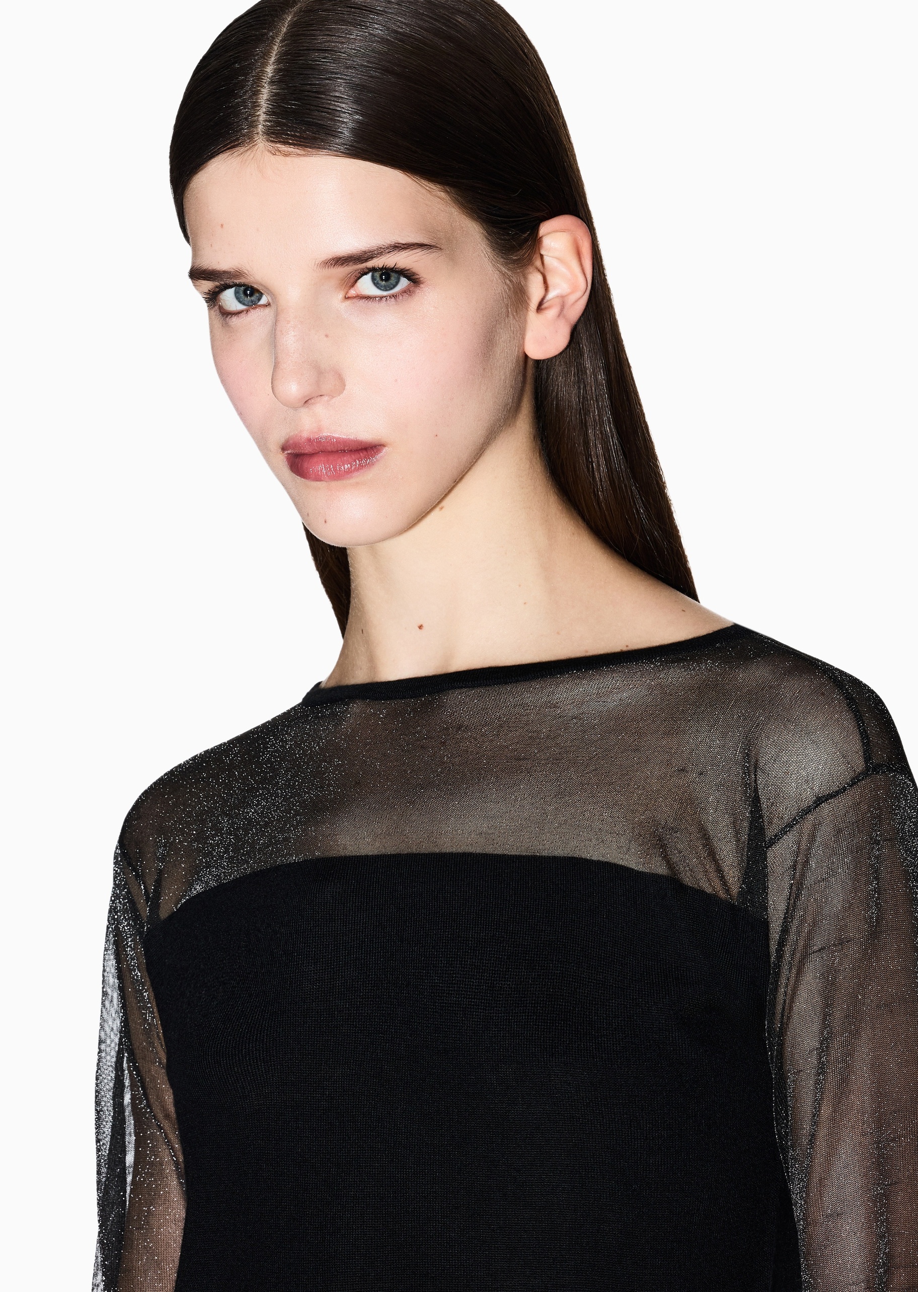 ARMANI EXCHANGE 女士短款圆领网纱拼接时尚连衣裙