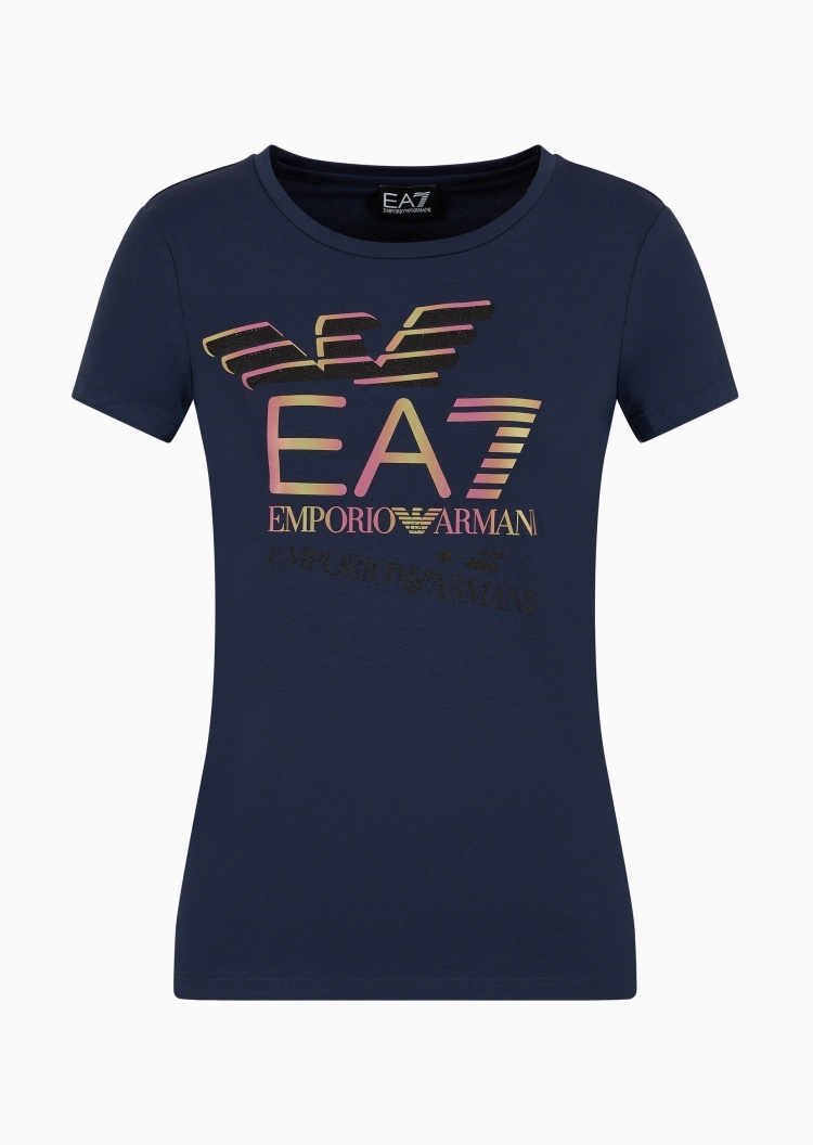EA7 女士纯棉弹力修身短袖圆领徽标健身T恤