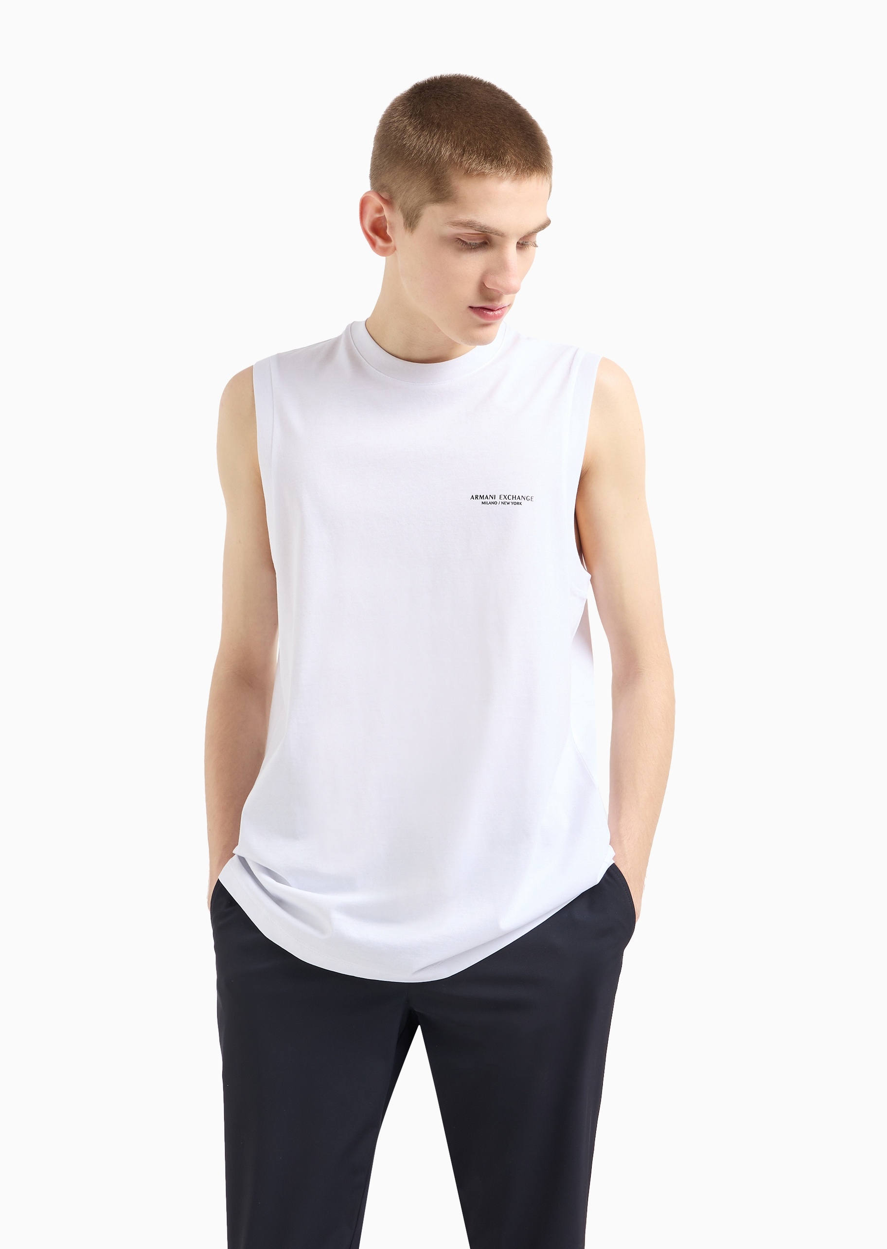 ARMANI EXCHANGE 男士全棉合身无袖圆领纯色休闲背心