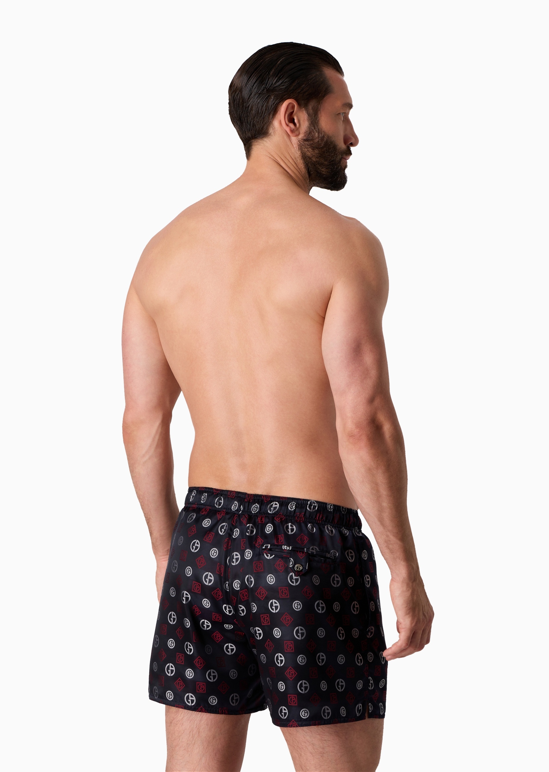 Giorgio Armani 男士合身系带腰短款通体提花沙滩裤