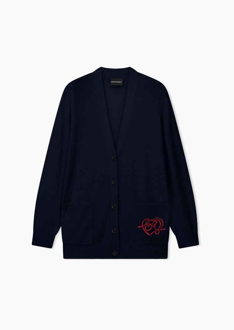 Emporio Armani 七夕限定女士长袖V领爱心刺绣针织开衫
