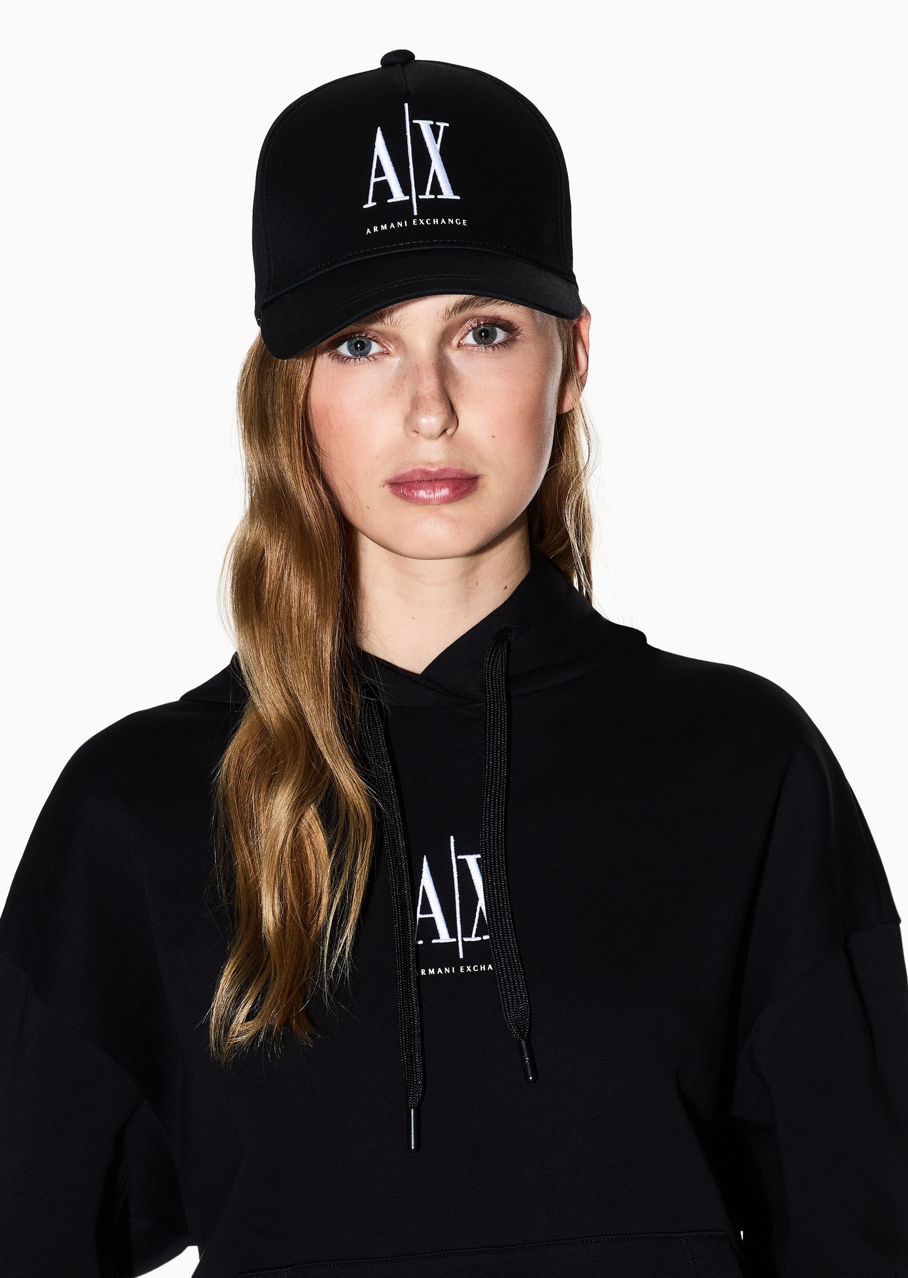 ARMANI EXCHANGE 男女同款全棉排扣圆顶弯檐LOGO刺绣棒球帽