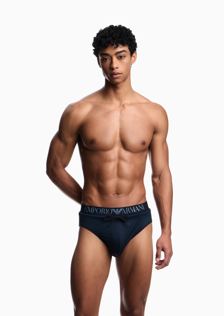 Emporio Armani 男士弹力高腰系带三角LOGO饰边泳裤