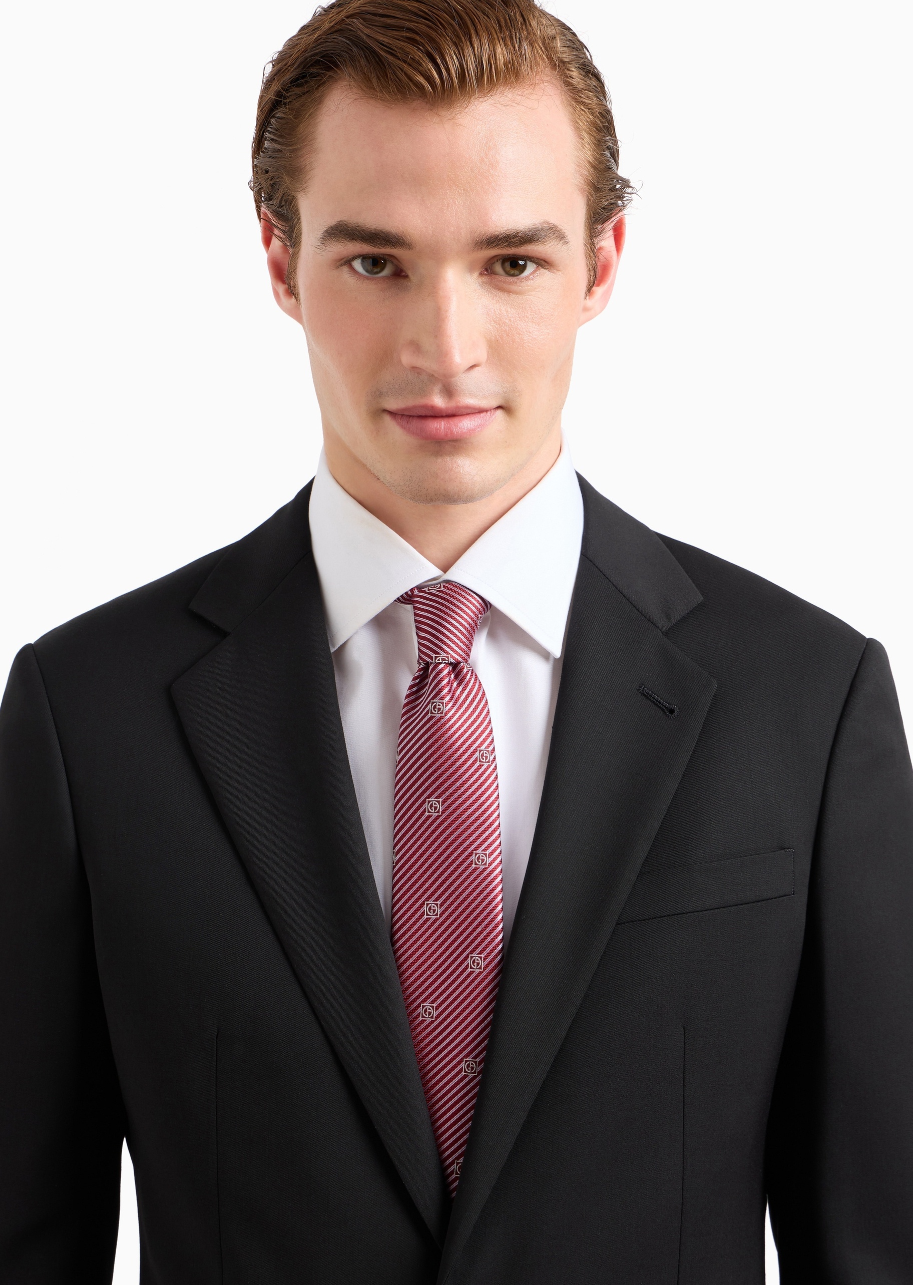 Giorgio Armani 男士桑蚕丝手打箭头型斜条纹提花红色领带