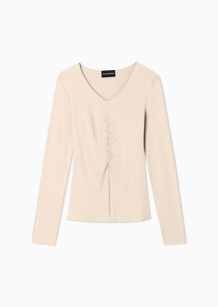 Emporio Armani 女士长袖V领捏褶纯色优雅时尚针织衫