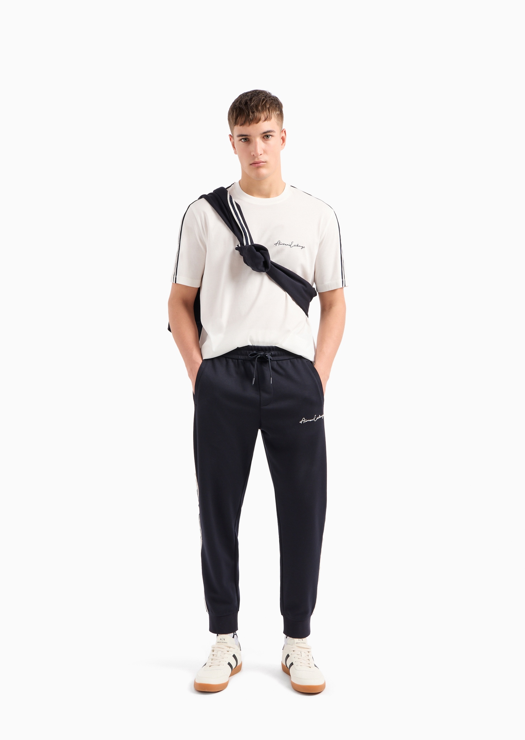 ARMANI EXCHANGE 男士纯棉宽松短袖圆领饰带休闲T恤