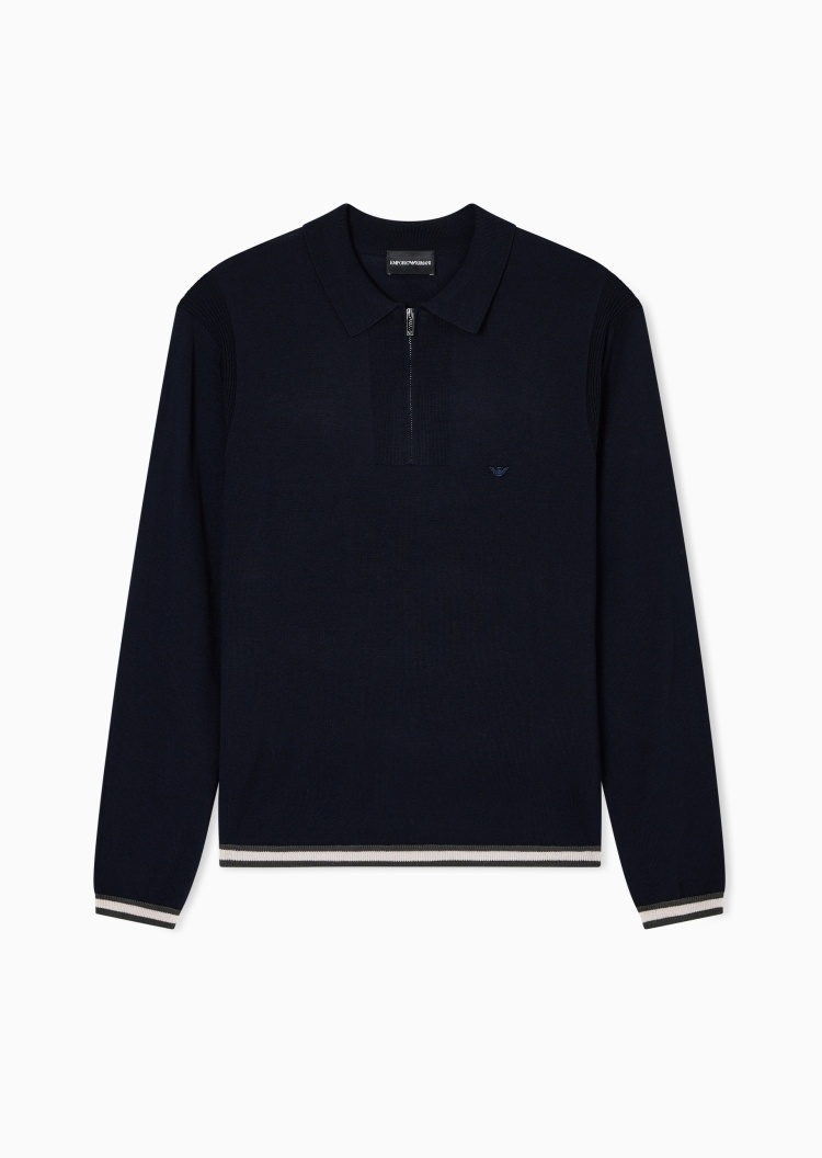 Emporio Armani 男士绵羊毛Polo领套头半拉链针织毛衣