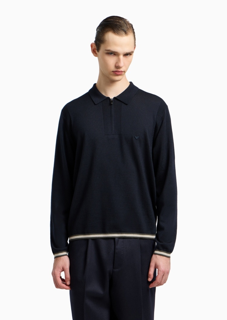 Emporio Armani 男士绵羊毛Polo领套头半拉链针织毛衣