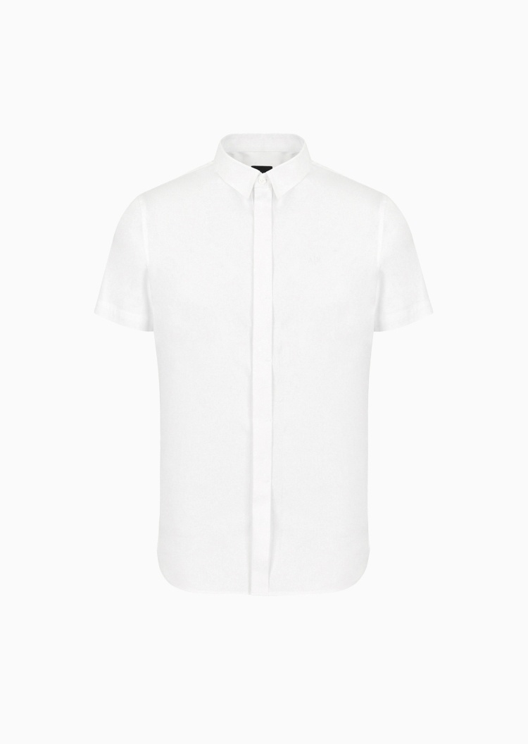 ARMANI EXCHANGE 男士合身纯色暗门襟微弹纯棉翻领短袖衬衫