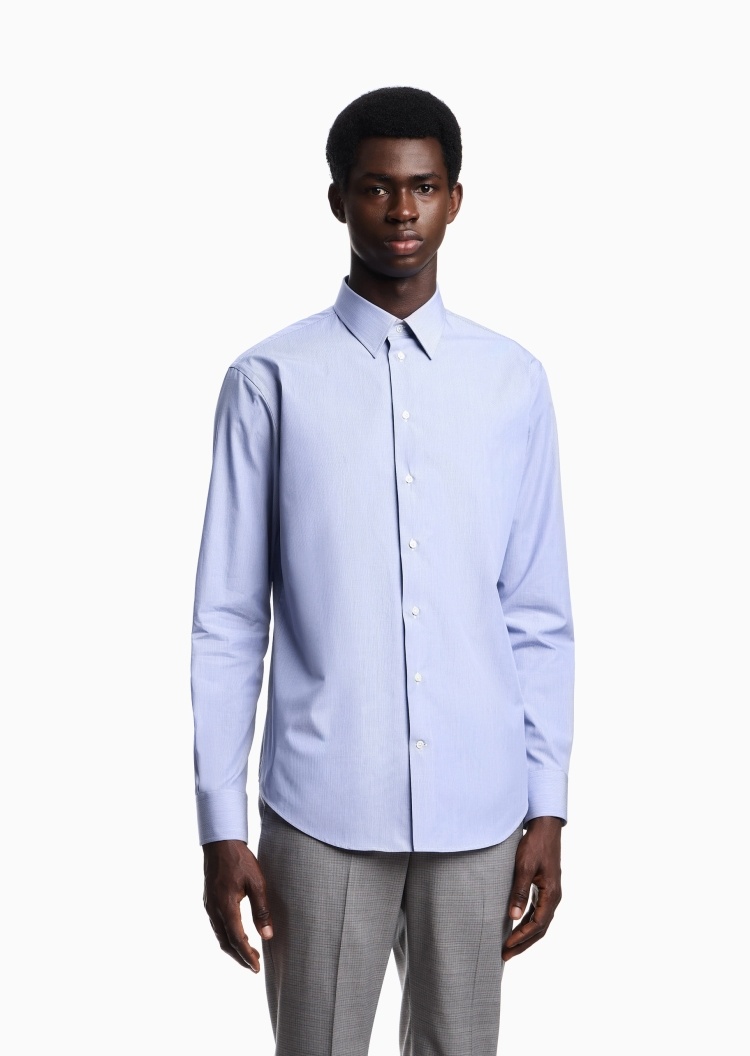 Emporio Armani 男士全棉长袖翻领细条纹纯色衬衫