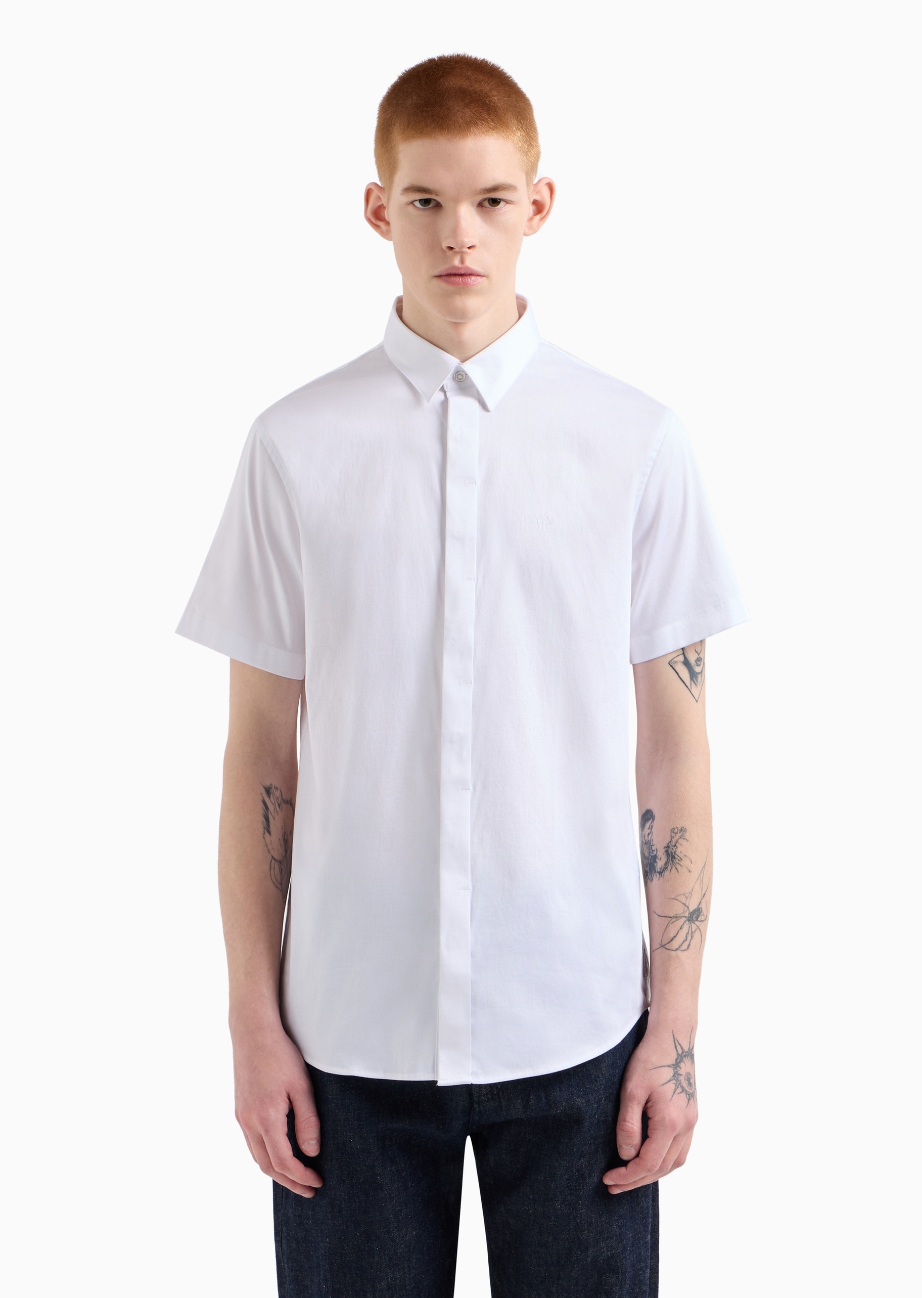 ARMANI EXCHANGE 男士合身纯色暗门襟微弹纯棉翻领短袖衬衫