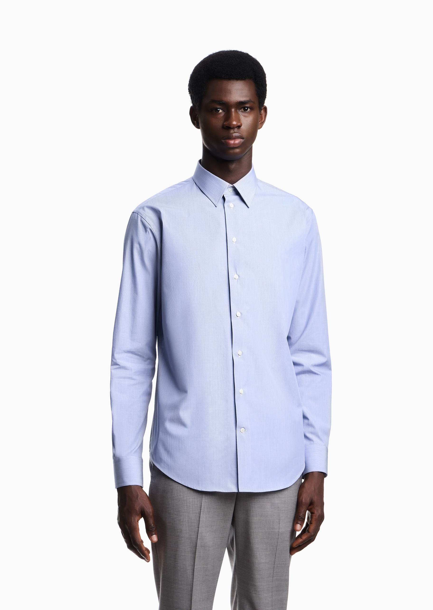 Emporio Armani 男士全棉长袖翻领细条纹纯色衬衫