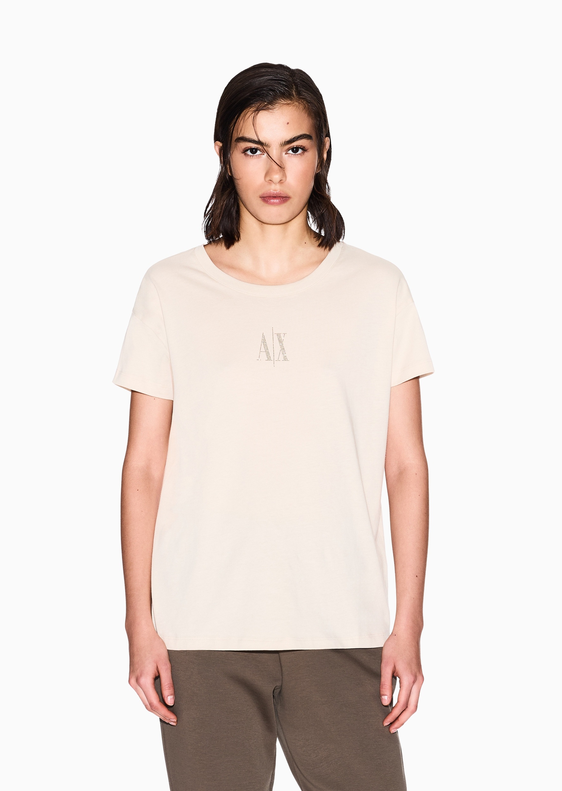 ARMANI EXCHANGE 女士全棉宽松短袖圆领水钻徽标T恤