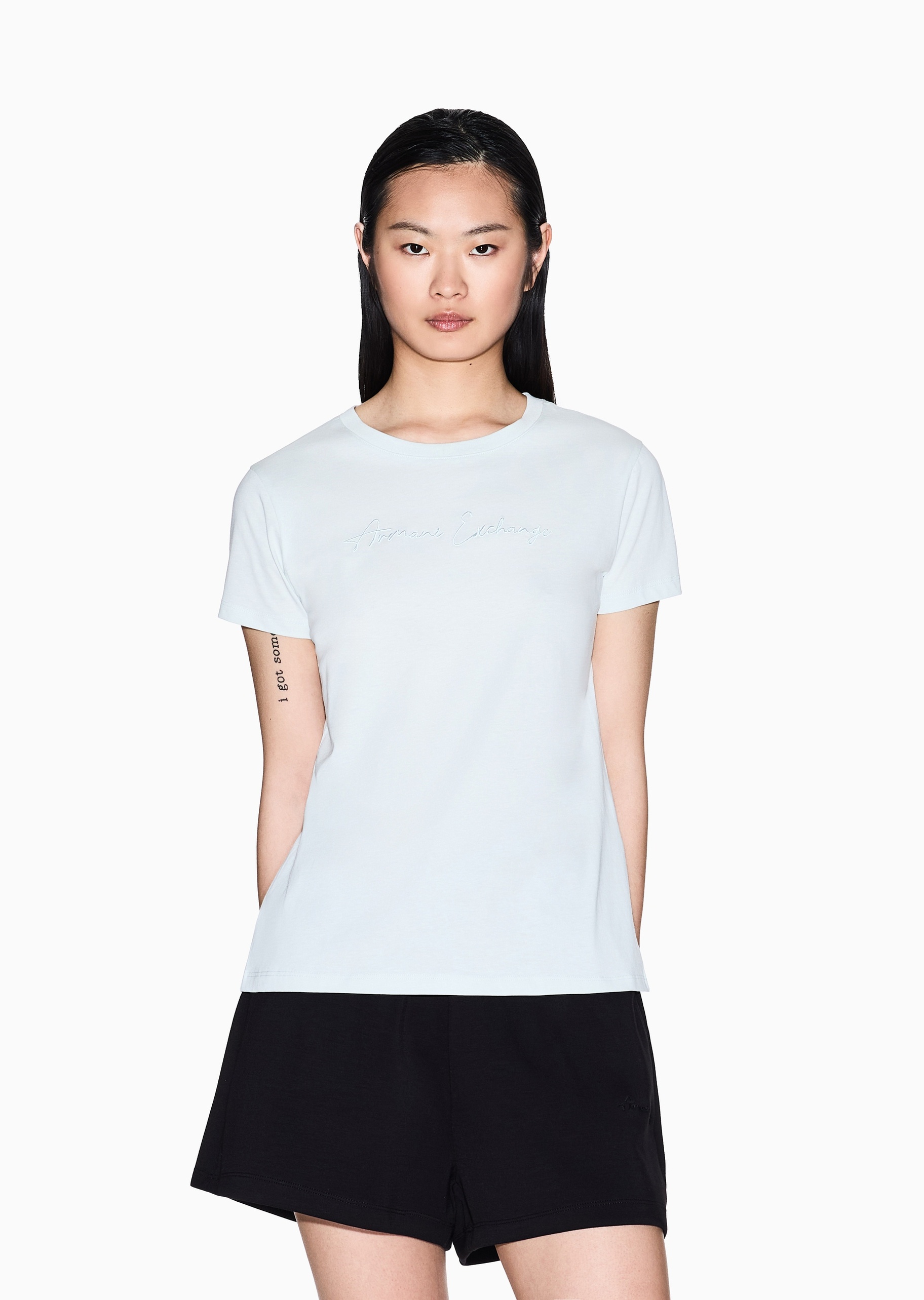ARMANI EXCHANGE 女士全棉合身短袖圆领正肩徽标刺绣T恤