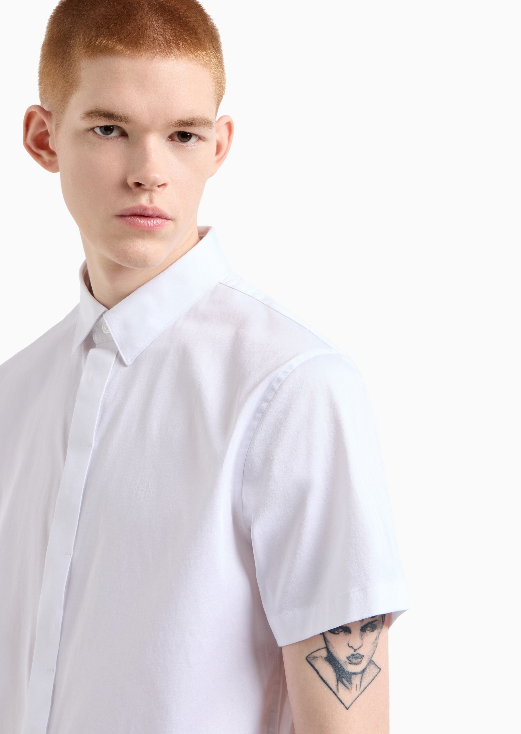 ARMANI EXCHANGE 男士合身纯色暗门襟微弹纯棉翻领短袖衬衫