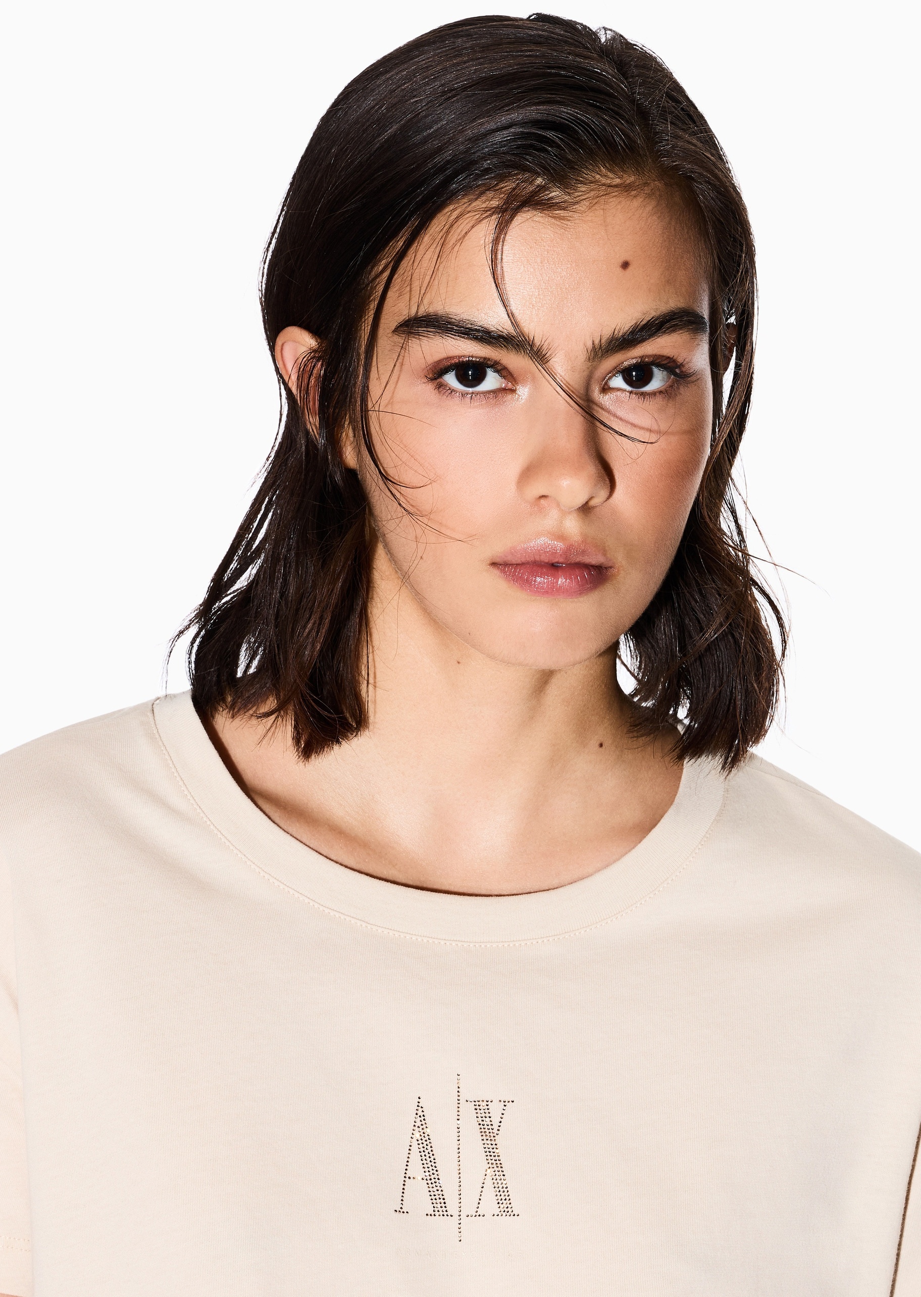 ARMANI EXCHANGE 女士全棉宽松短袖圆领水钻徽标T恤