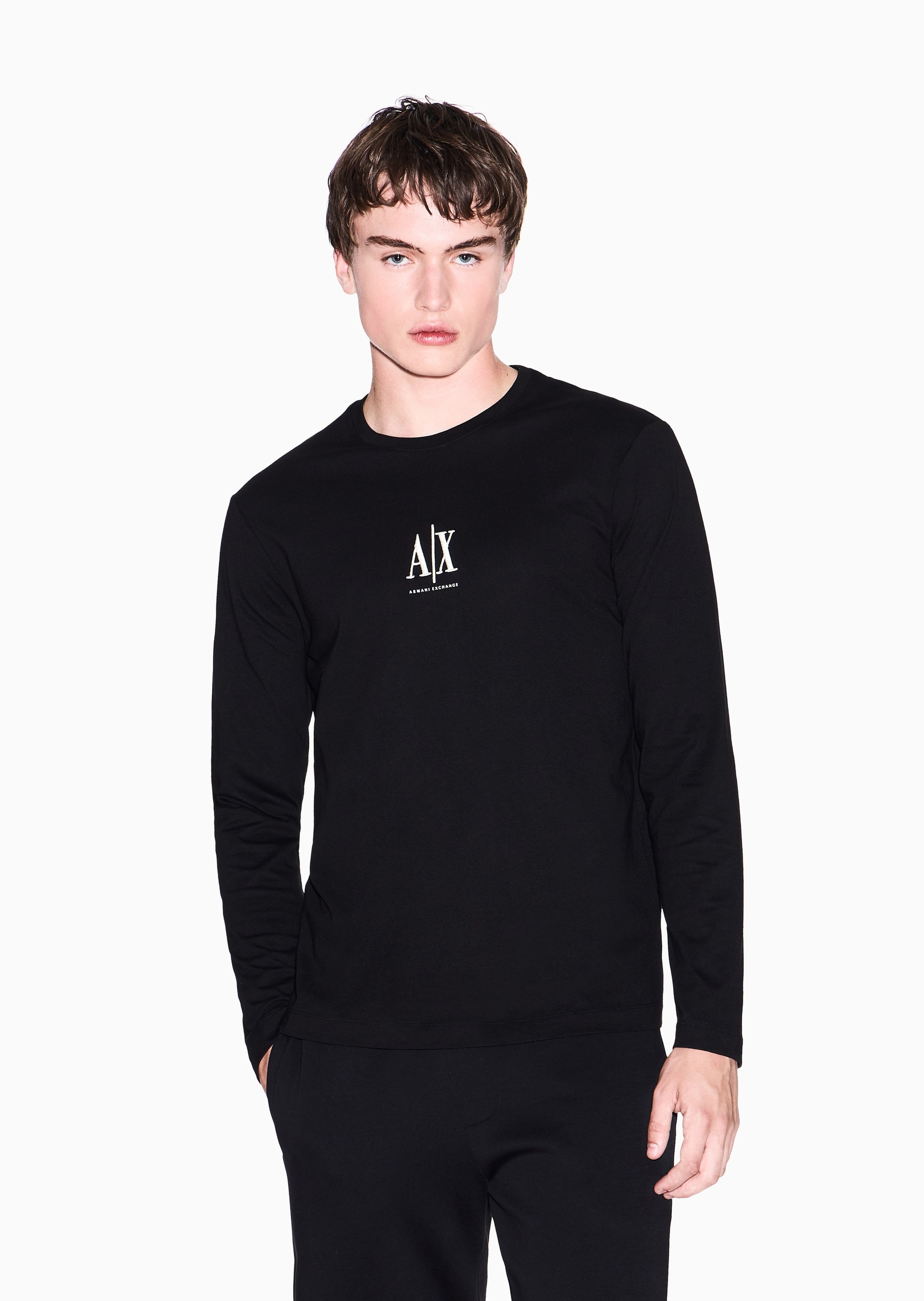 ARMANI EXCHANGE 男士纯棉合身长袖圆领标识刺绣T恤