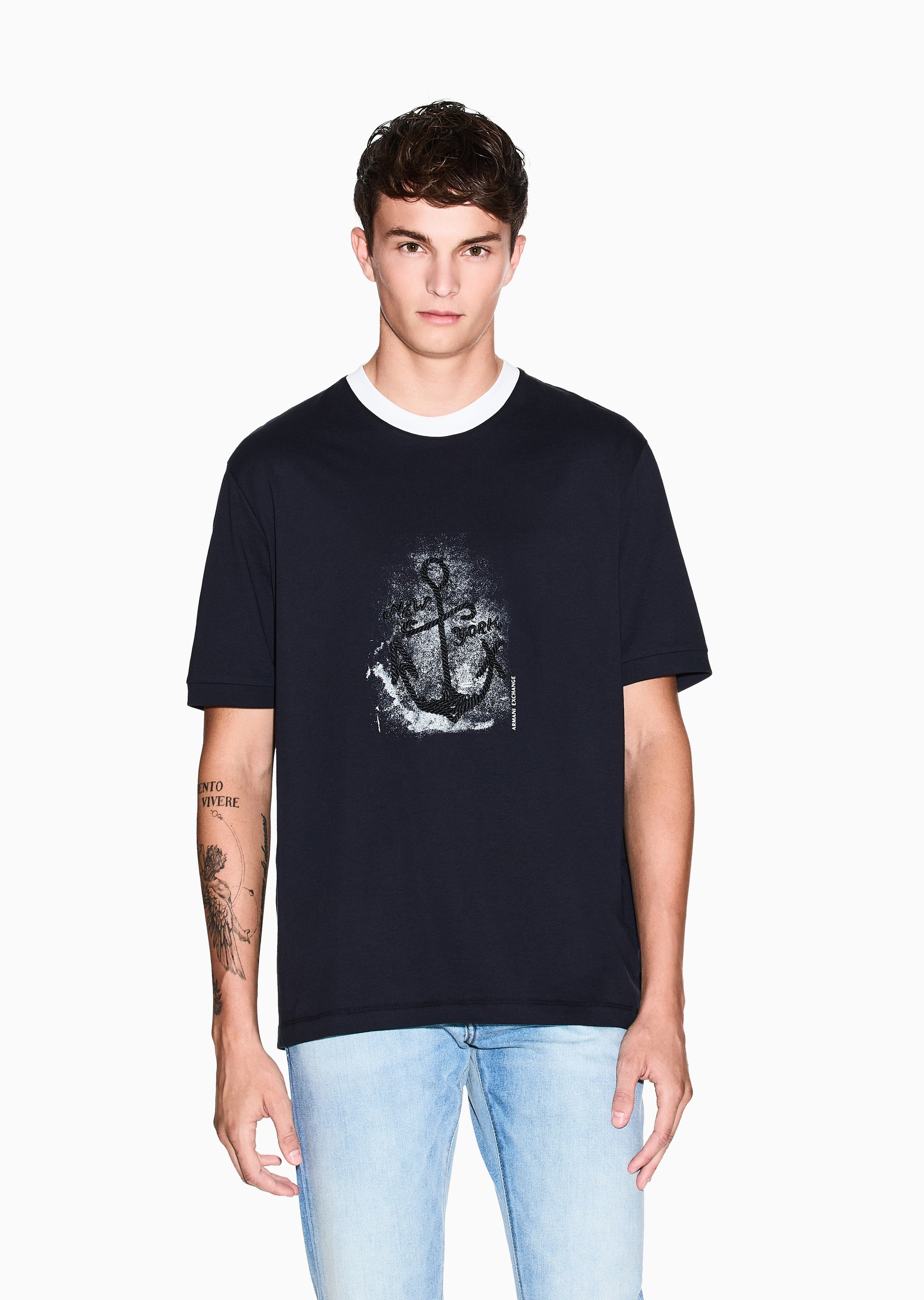 ARMANI EXCHANGE 男士纯棉宽松短袖圆领刺绣T恤衫