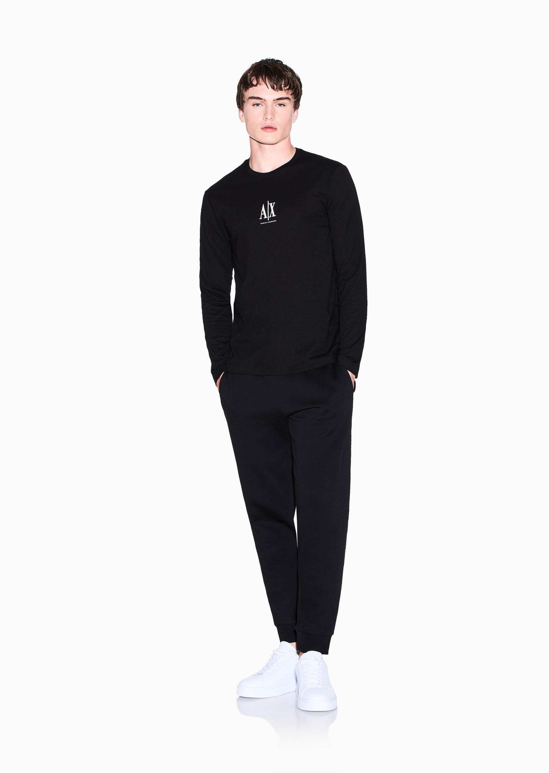 ARMANI EXCHANGE 男士纯棉合身长袖圆领标识刺绣T恤