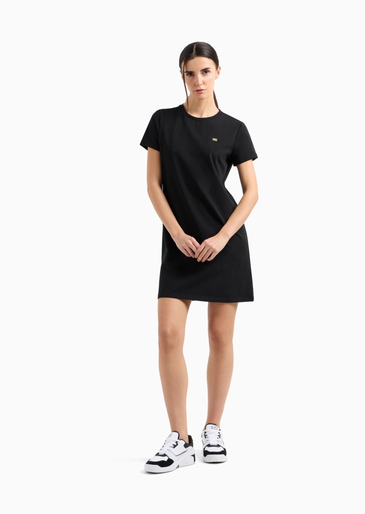EA7 女士棉质弹力短袖短款圆领休闲纯色连衣裙