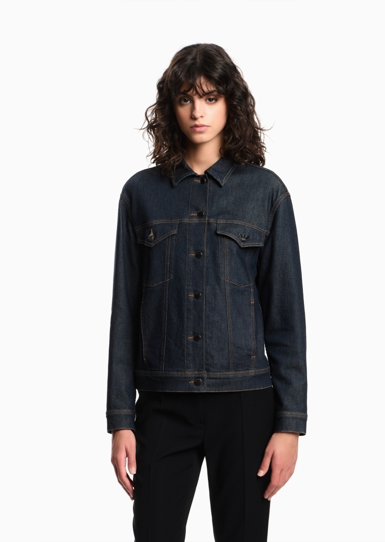 Emporio Armani 女士翻领修身短款户外复古工装牛仔夹克外套