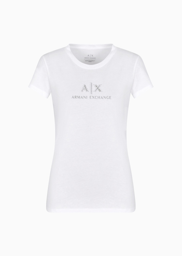 ARMANI EXCHANGE 女士全棉修身短袖圆领水钻字母标识T恤