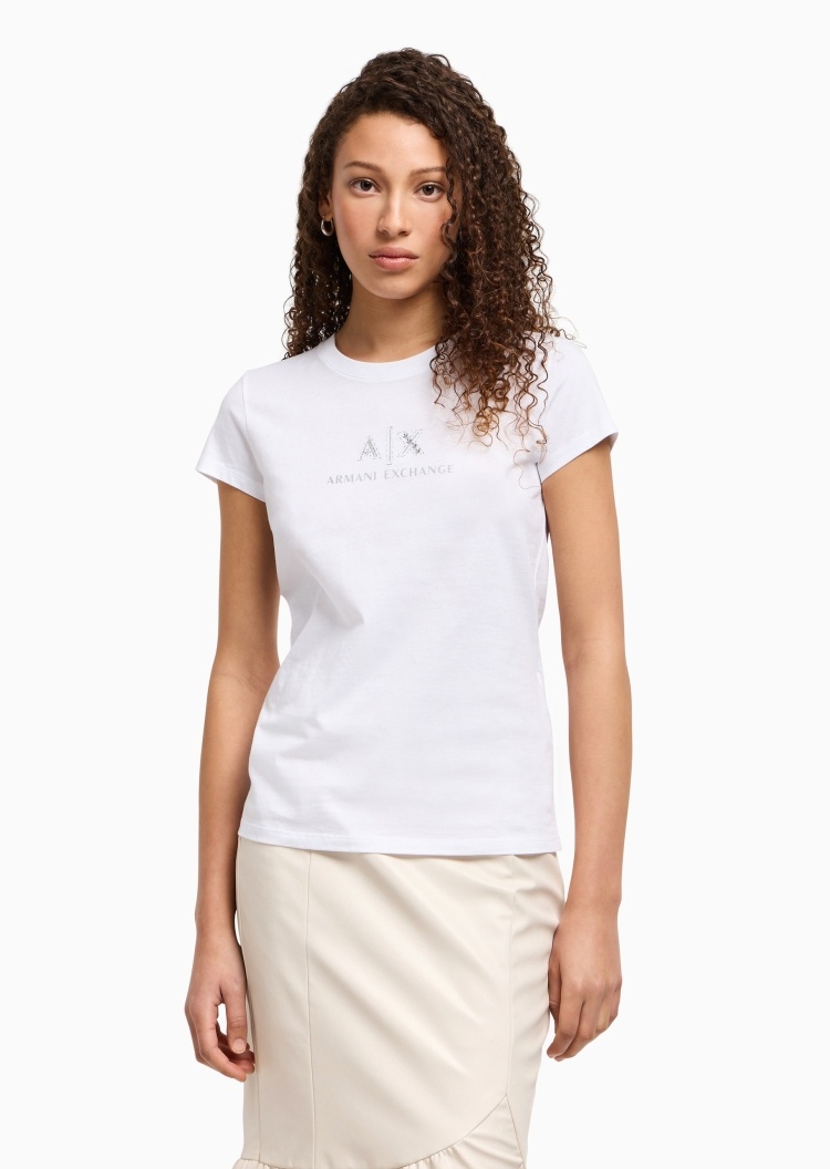 ARMANI EXCHANGE 女士全棉修身短袖圆领水钻字母标识T恤