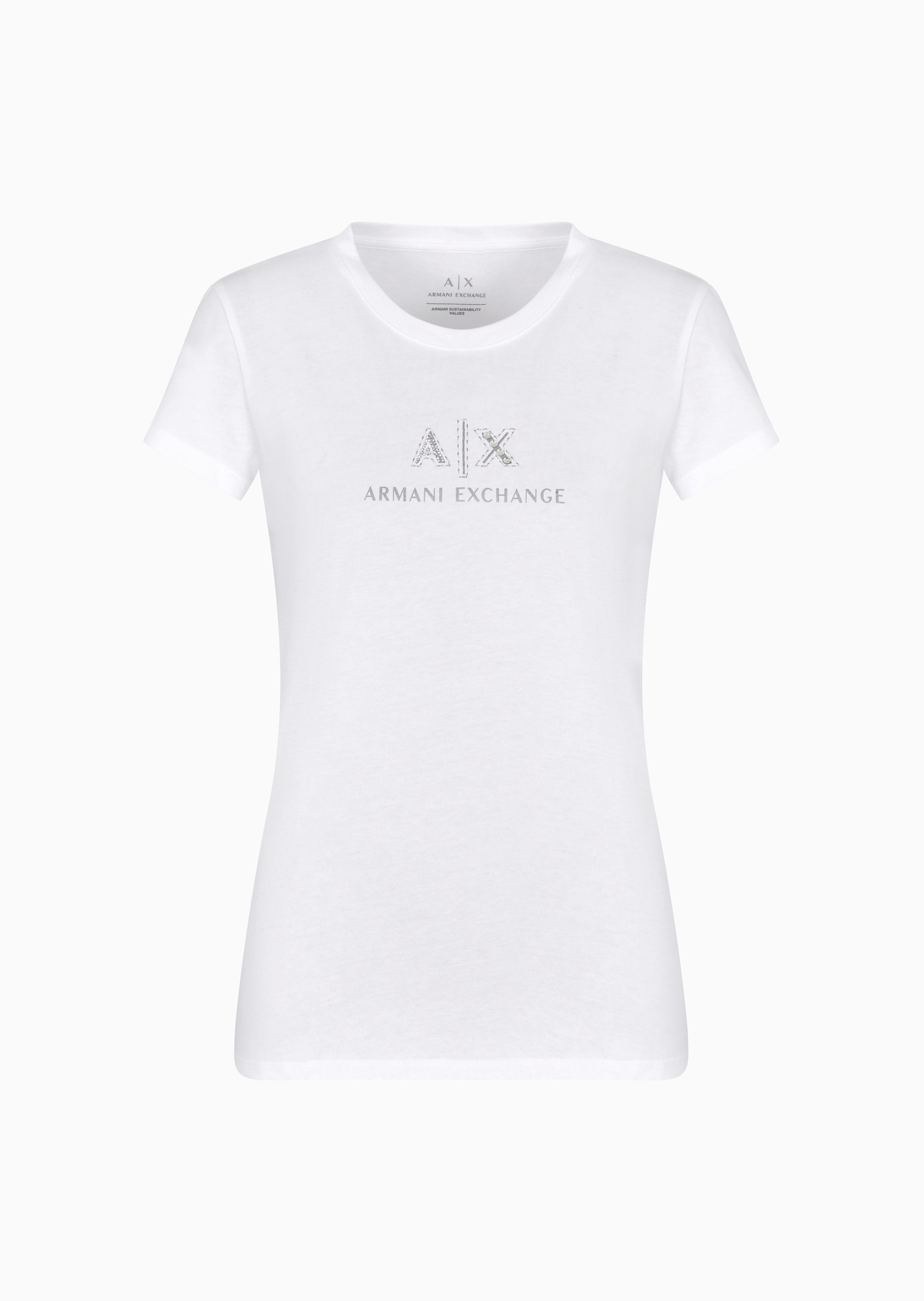 ARMANI EXCHANGE 女士全棉修身短袖圆领水钻字母标识T恤