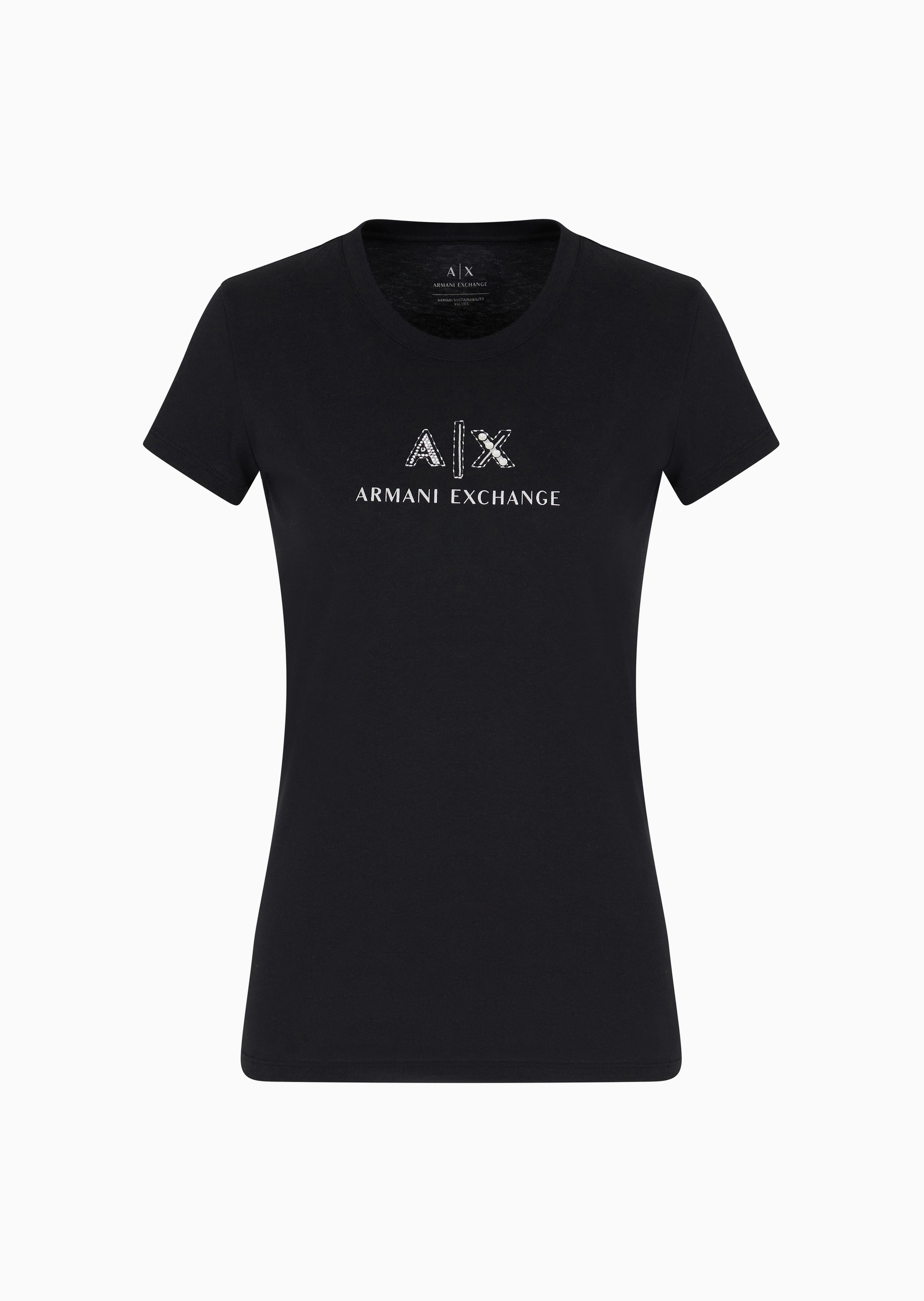 ARMANI EXCHANGE 女士全棉修身短袖圆领水钻字母标识T恤