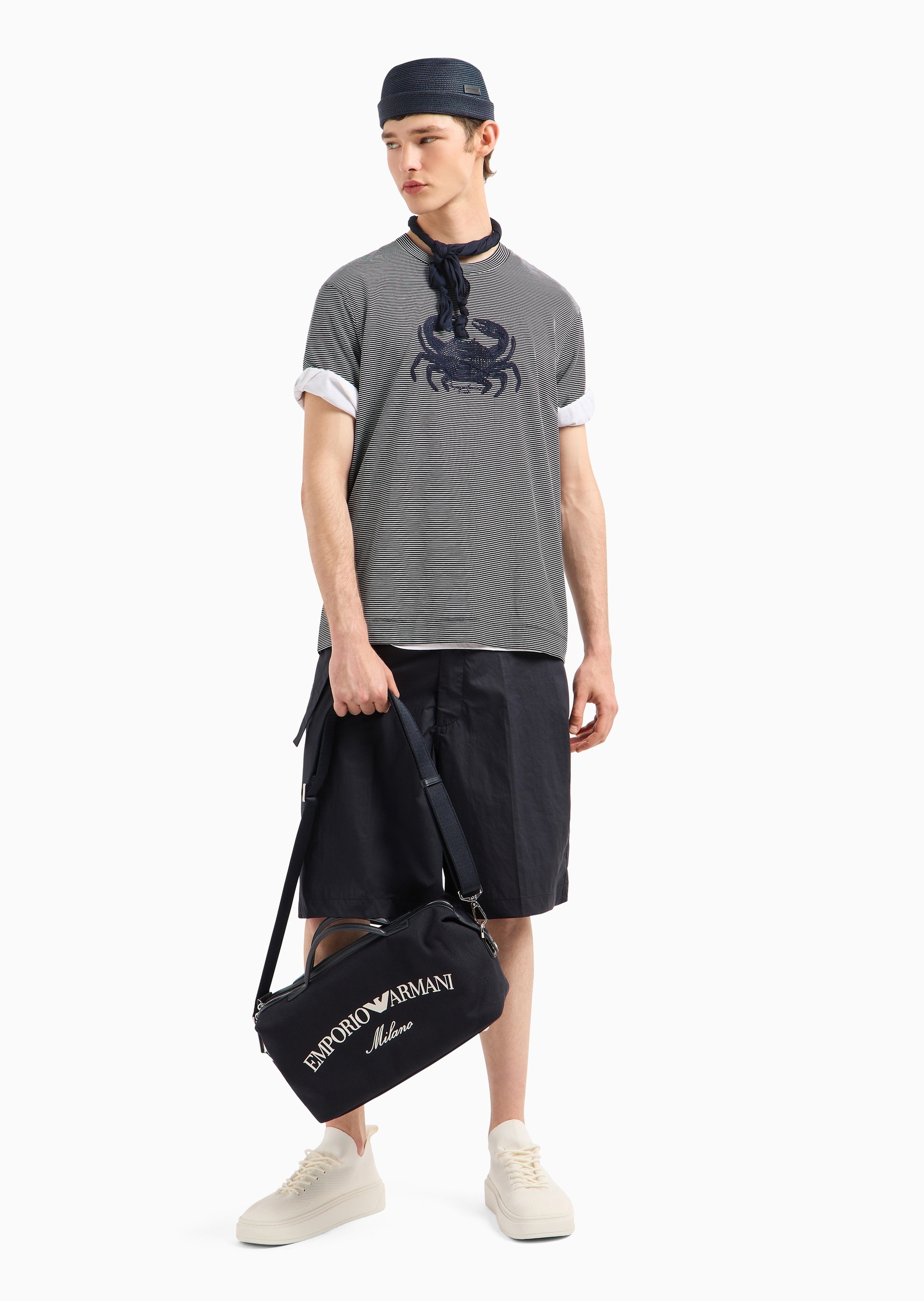 Emporio Armani 男士全棉合身短袖圆领条纹刺绣休闲T恤