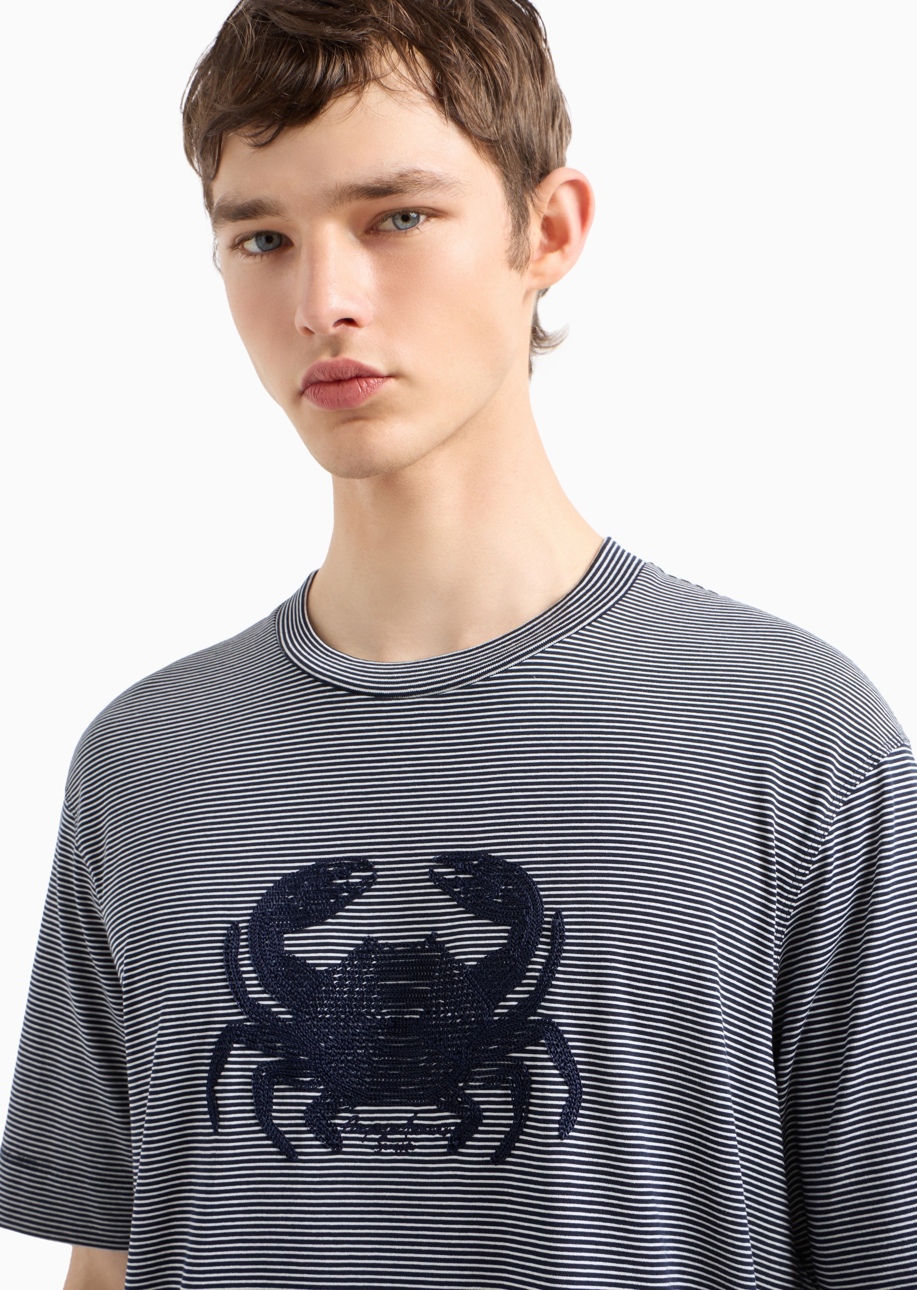 Emporio Armani 男士全棉合身短袖圆领条纹刺绣休闲T恤