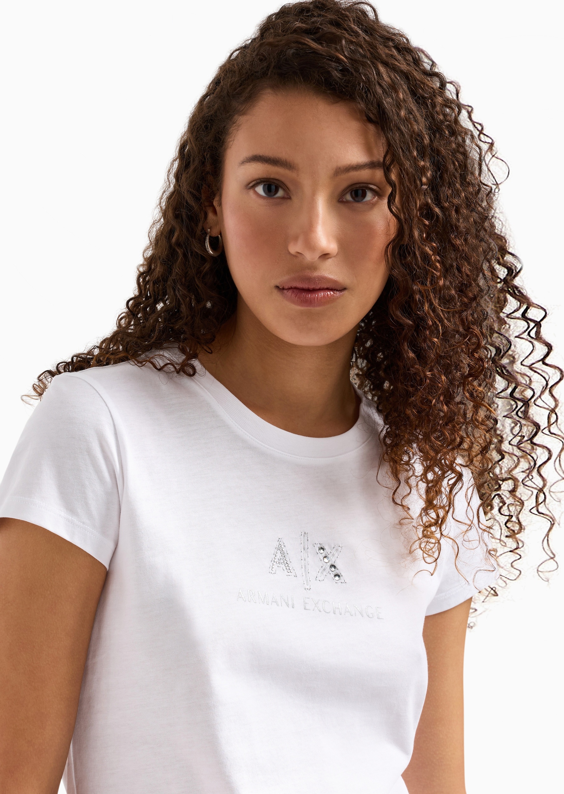 ARMANI EXCHANGE 女士全棉修身短袖圆领水钻字母标识T恤