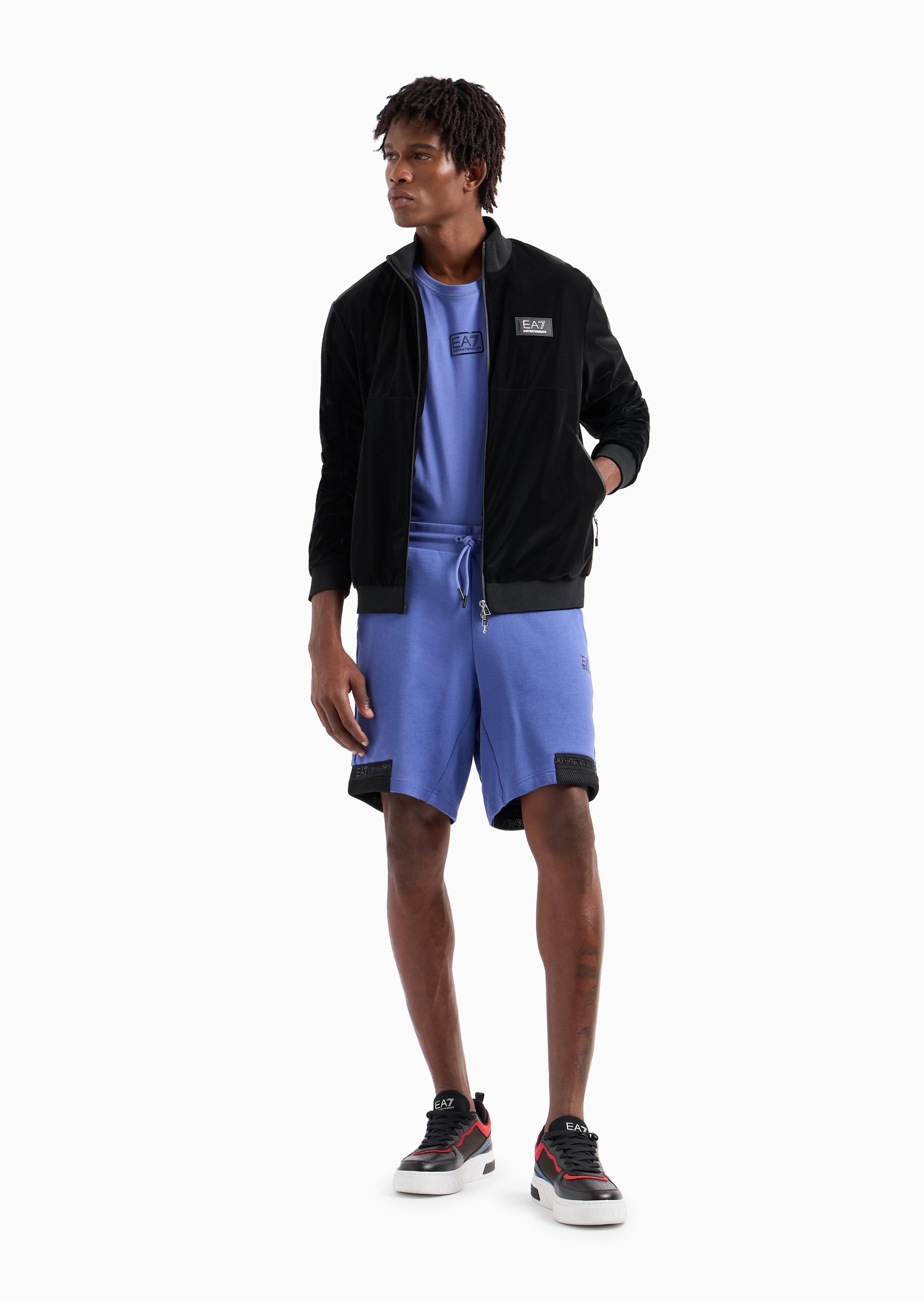 EA7 男士全棉合身系带腰短款直筒饰边运动短裤