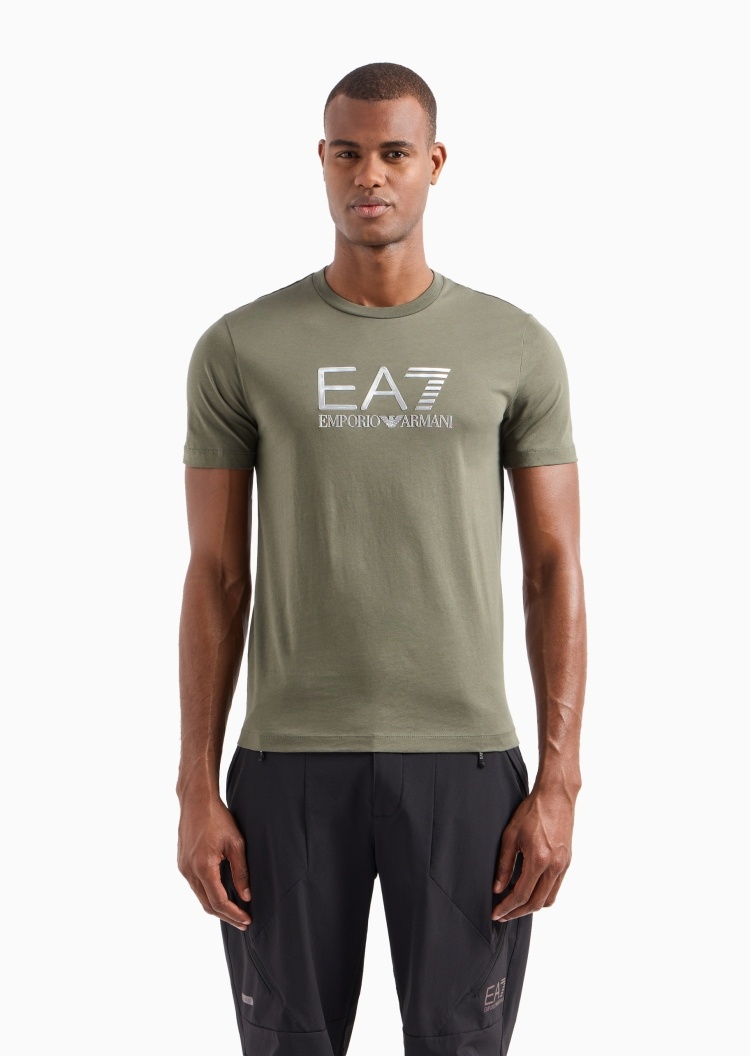 EA7 男士全棉修身短袖圆领大徽标健身训练T恤