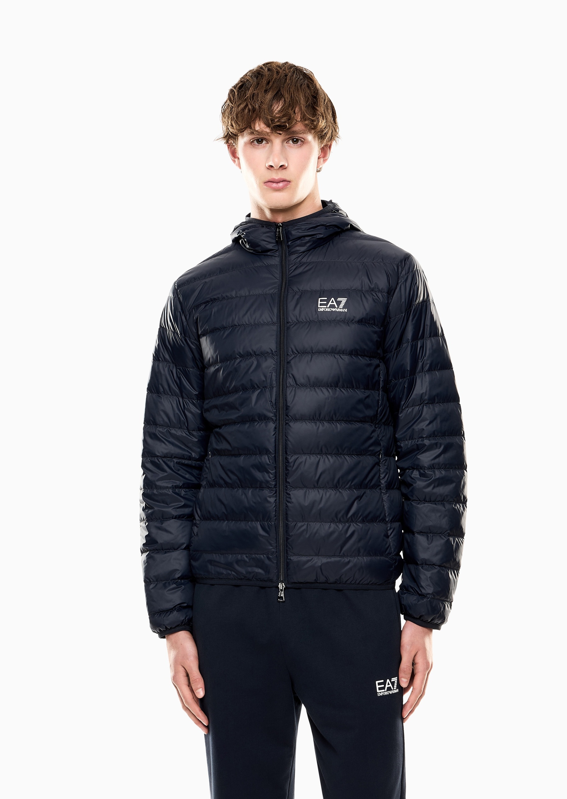 EA7 男士长袖连帽撞色LOGO羽绒服