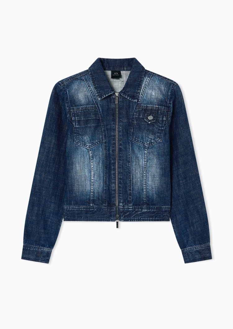 ARMANI EXCHANGE 女士全棉修身短款翻领拉链牛仔夹克