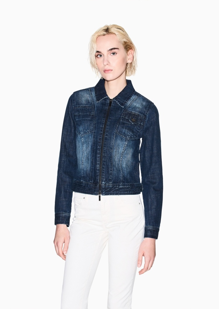 ARMANI EXCHANGE 女士全棉修身短款翻领拉链牛仔夹克