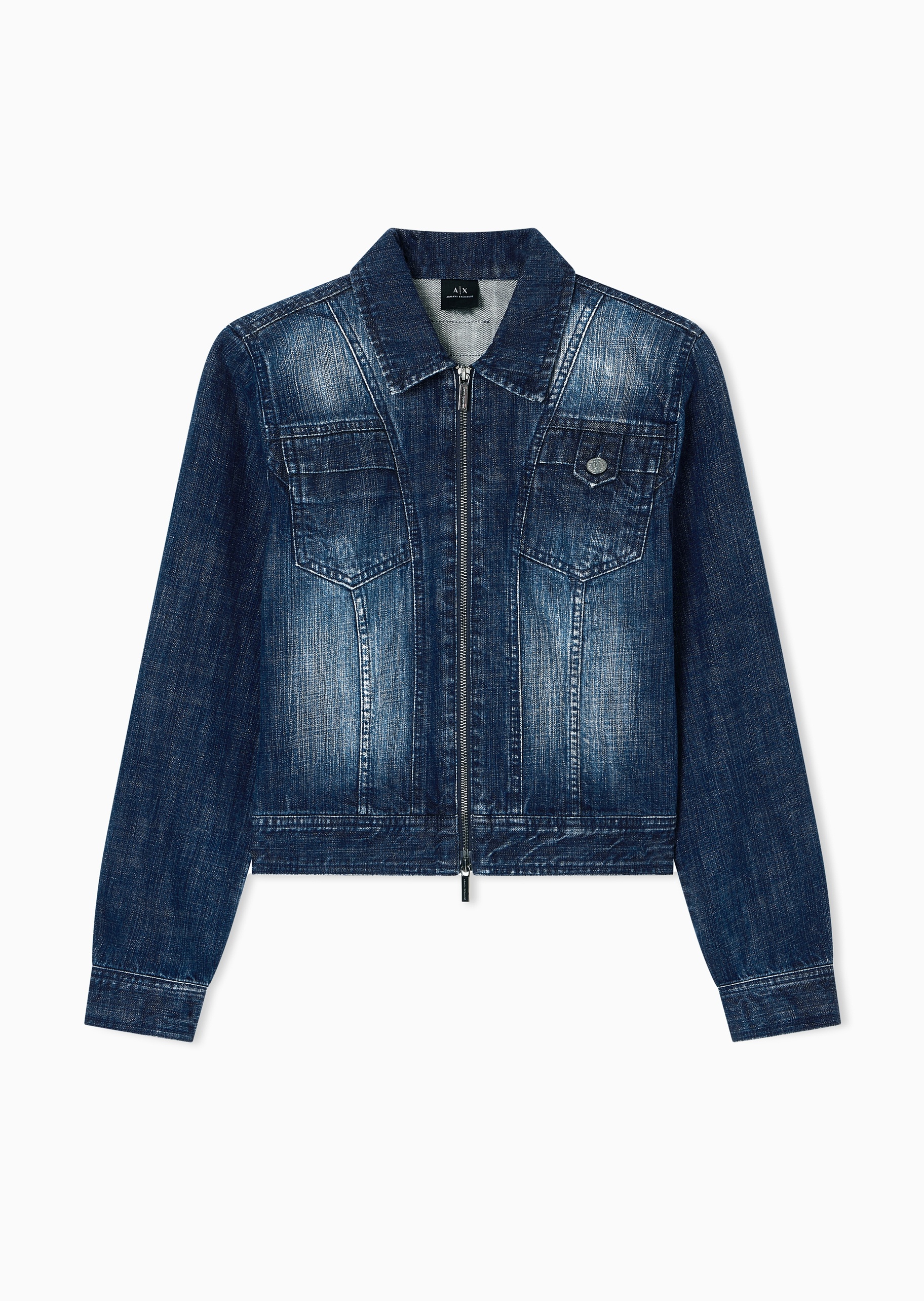 ARMANI EXCHANGE 女士全棉修身短款翻领拉链牛仔夹克