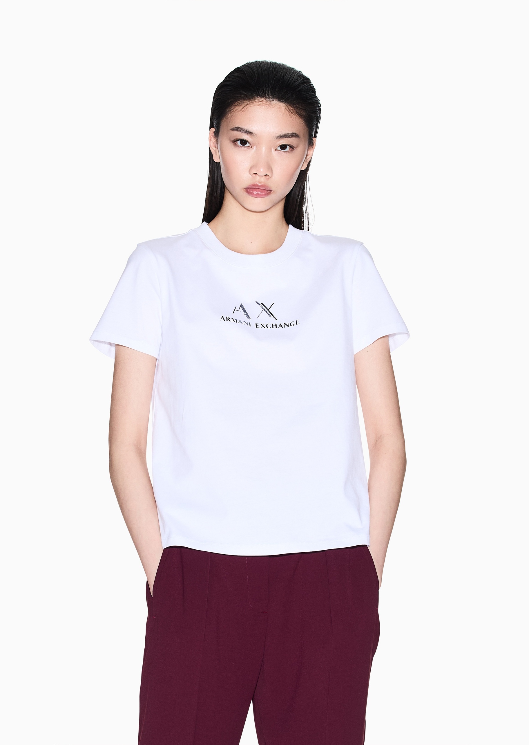 ARMANI EXCHANGE 女士全棉合身短袖圆领正肩纯色T恤