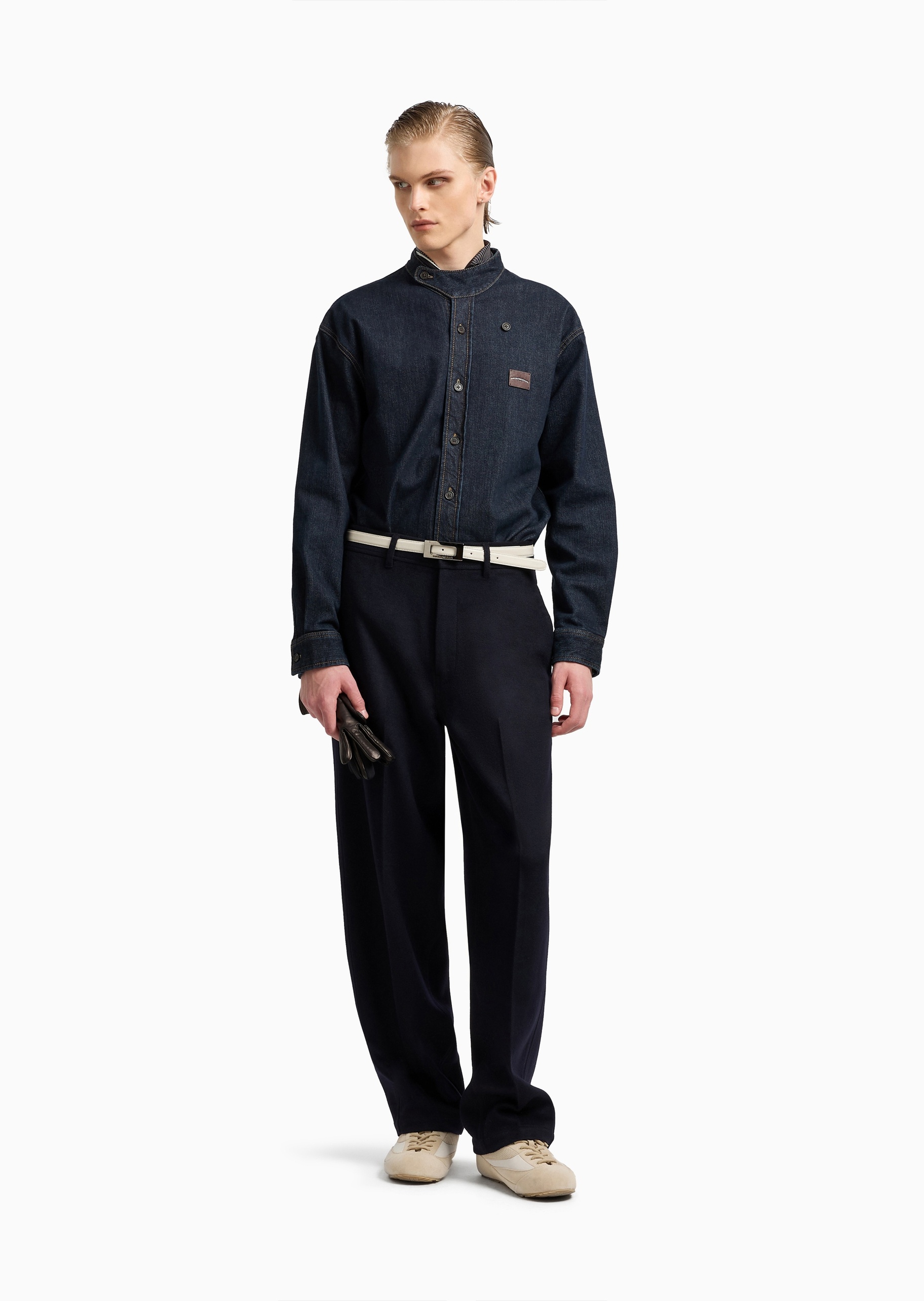 Emporio Armani 男士纯棉长袖小立领落肩牛仔衬衫