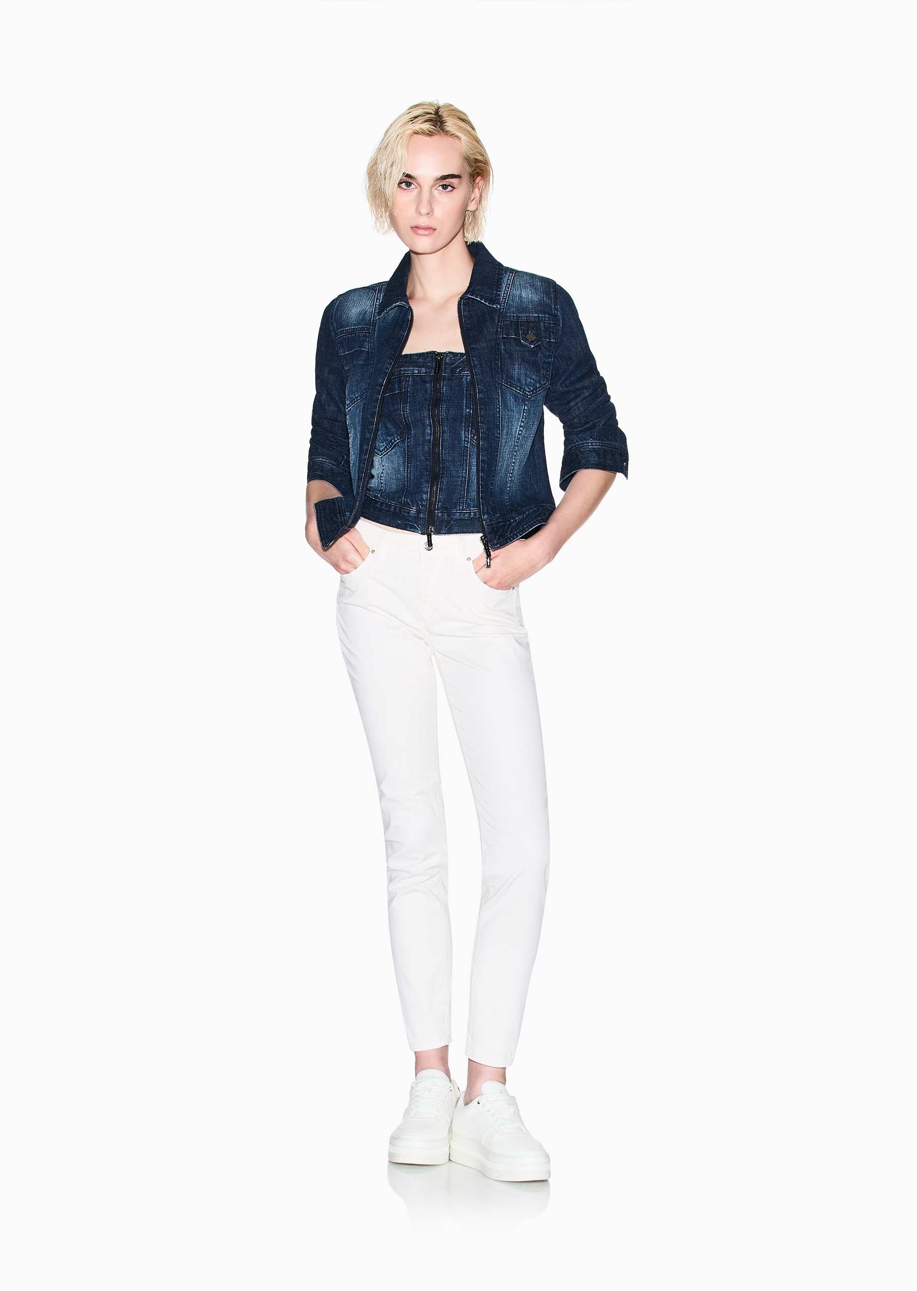 ARMANI EXCHANGE 女士全棉修身短款翻领拉链牛仔夹克