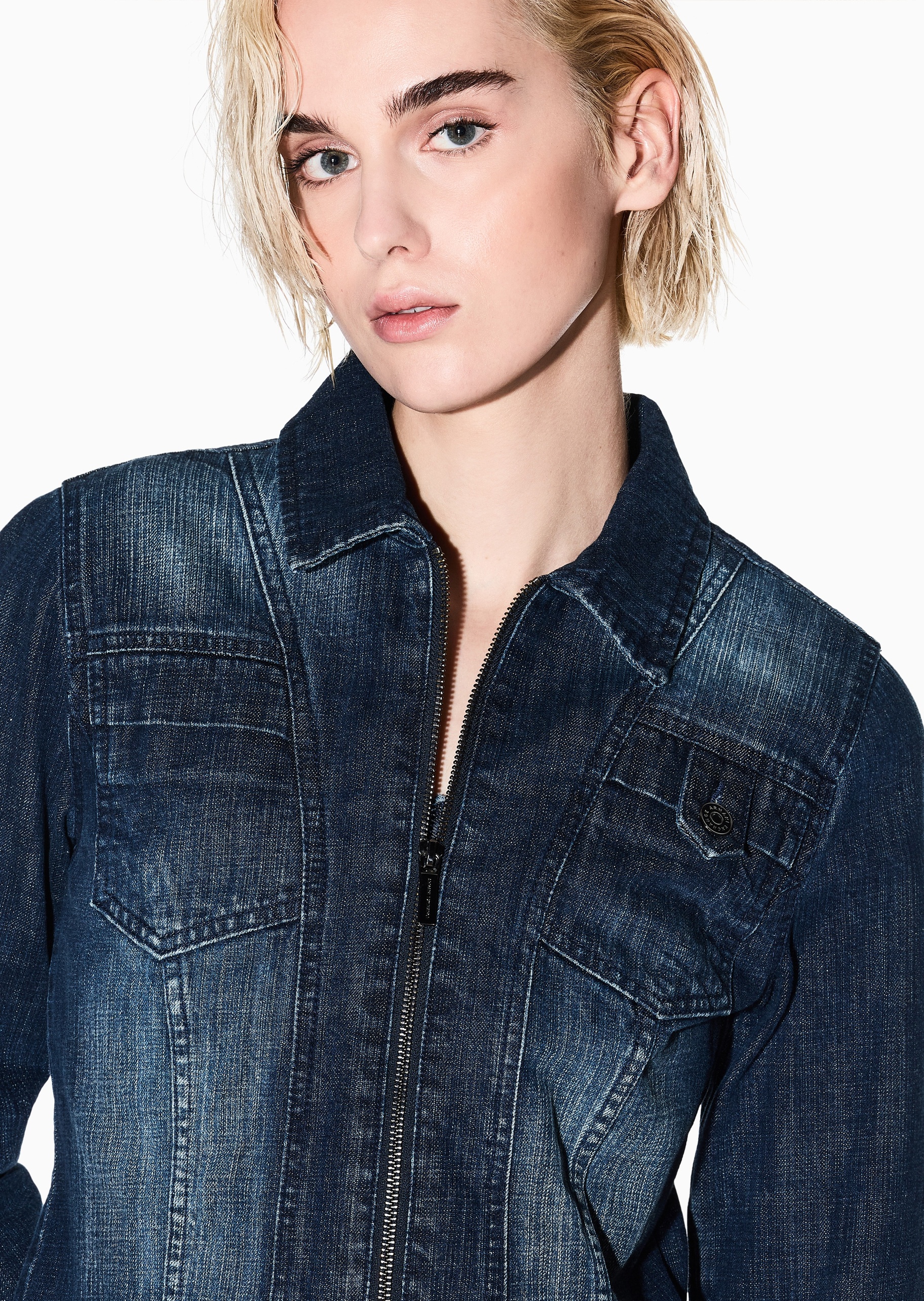 ARMANI EXCHANGE 女士全棉修身短款翻领拉链牛仔夹克