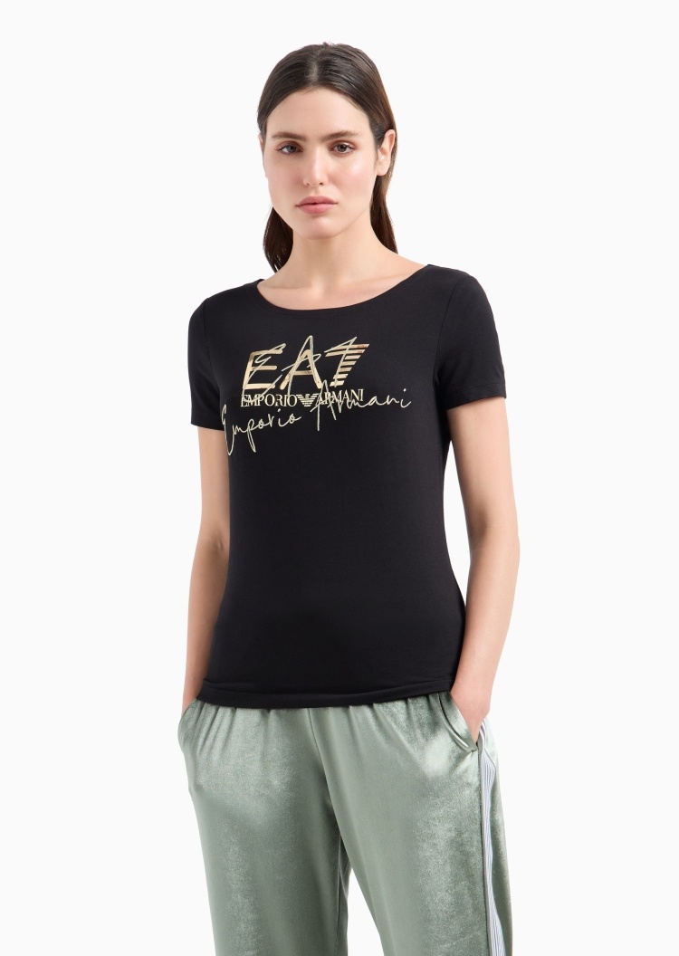 EA7 女士纯棉弹力合身短袖圆领刺绣印花T恤