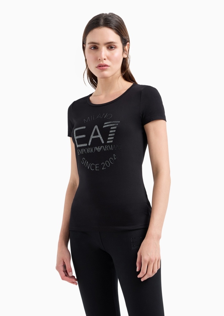 EA7 女士纯棉弹力修身短袖圆领亮泽印花T恤