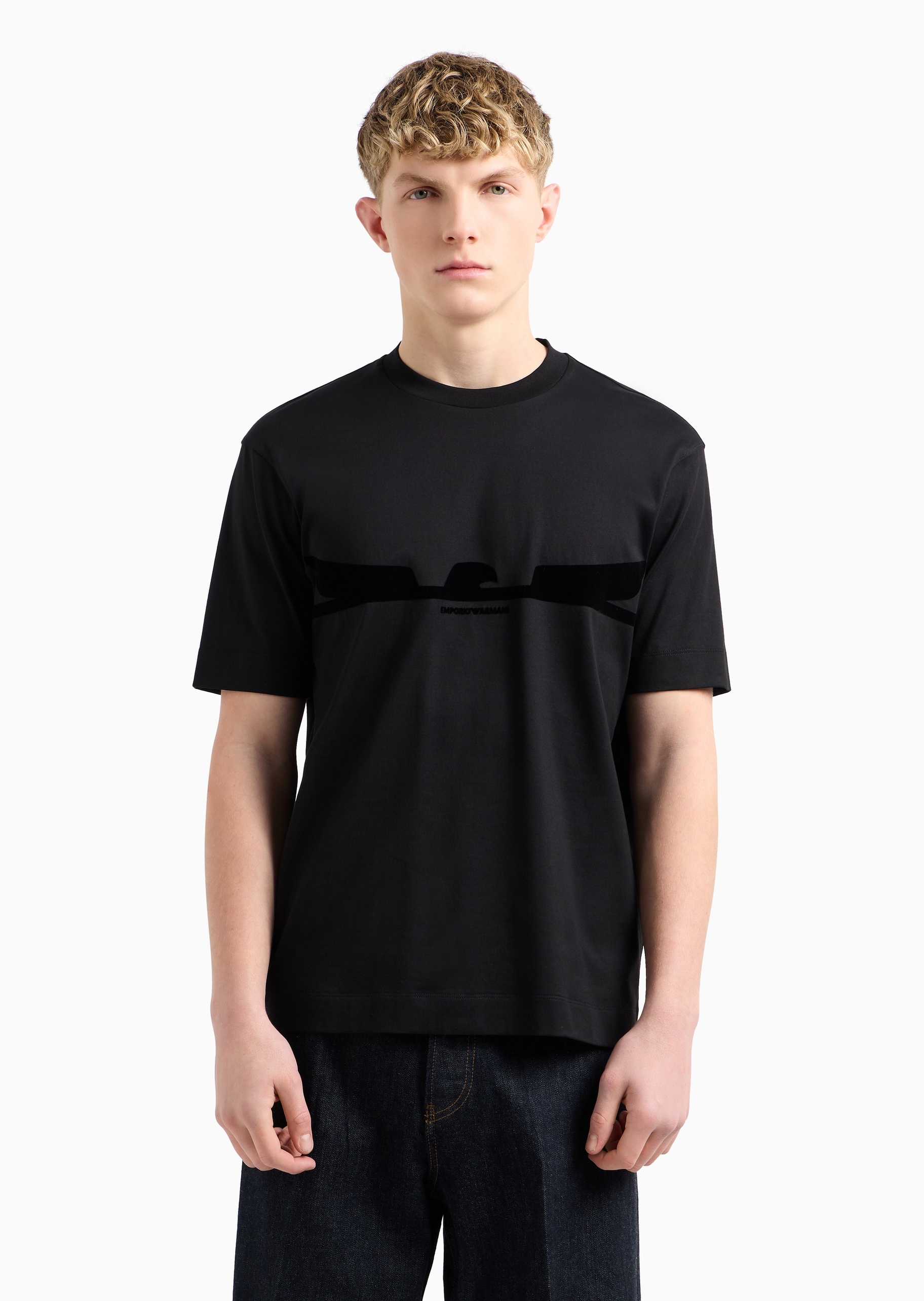 Emporio Armani 男士全棉宽松短袖圆领植绒鹰标T恤